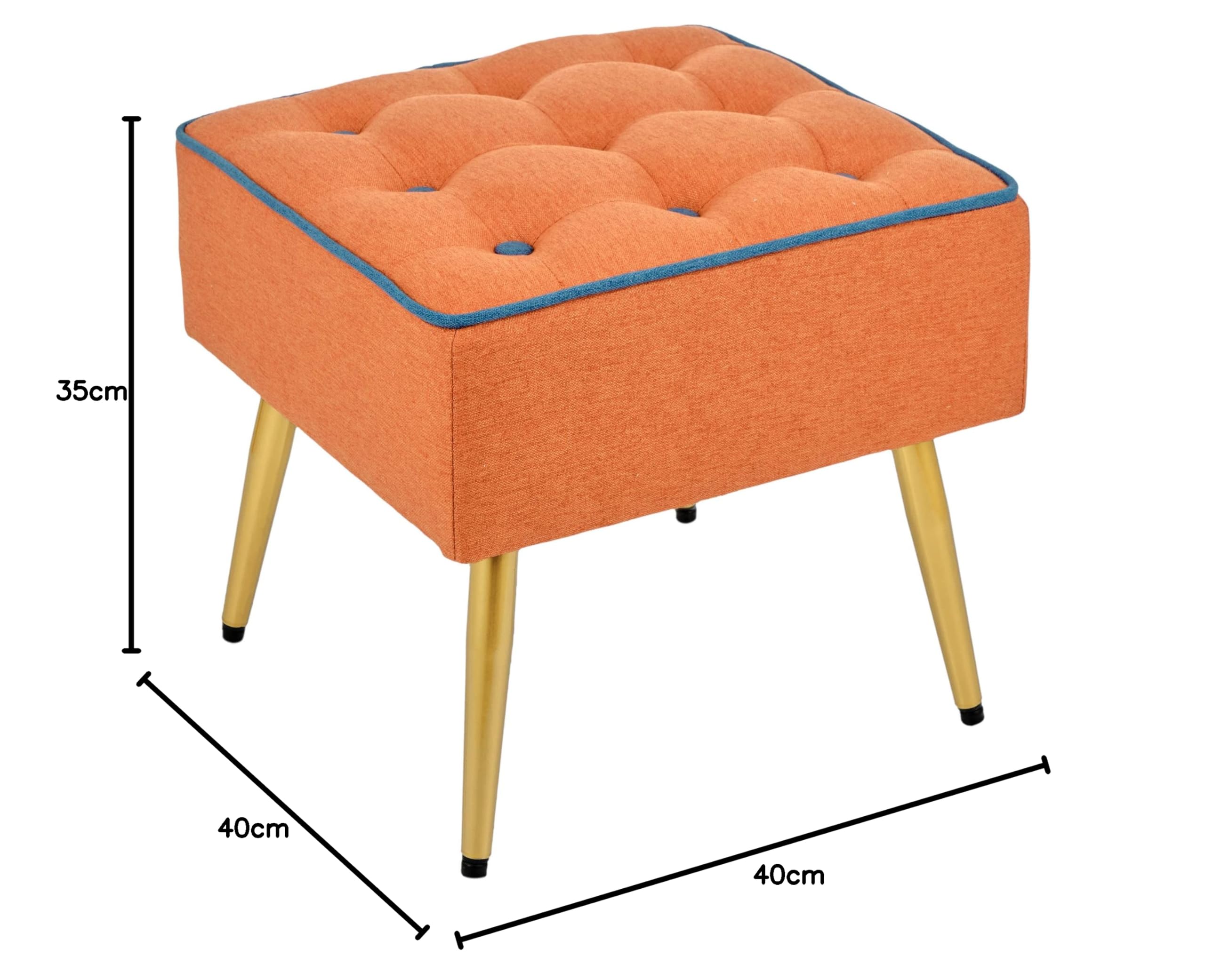 Baroni Home Gepolsterter Hocker aus Stoff, quadratischer Hocker mit Beinen aus Naturholz, Fußstütze, Stuhl, 40x40x35 cm, Orange, Blauer Rand
