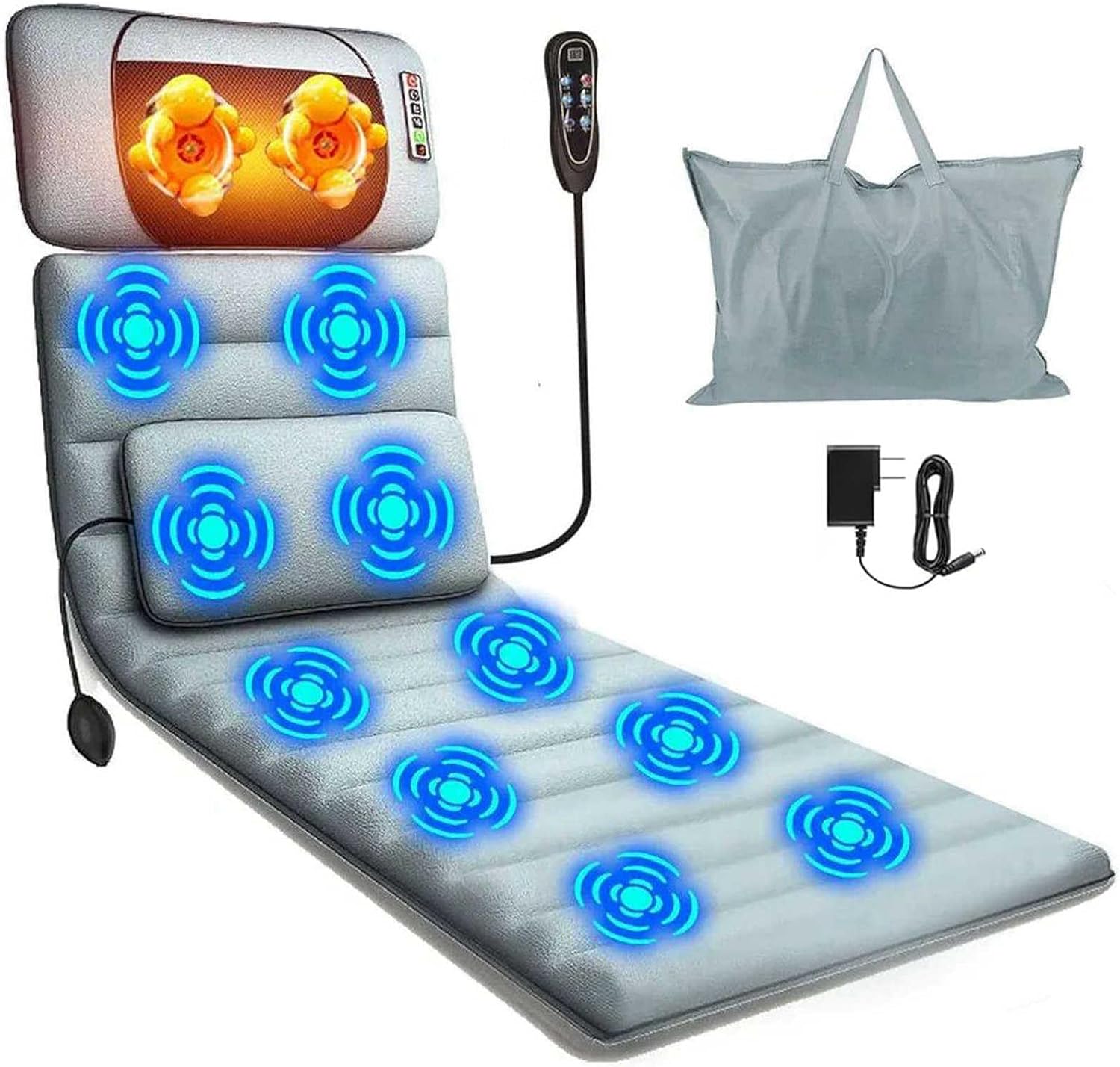 TeqHome Full Body Massage Mat with Heat & Movable Shiatsu Neck Back Massager Pillow,Massage Pad with Back Lumbar Support,9 Massage Modes,10 Vibration Motors & 3 Heating Levels,for Neck Leg Pain Relief