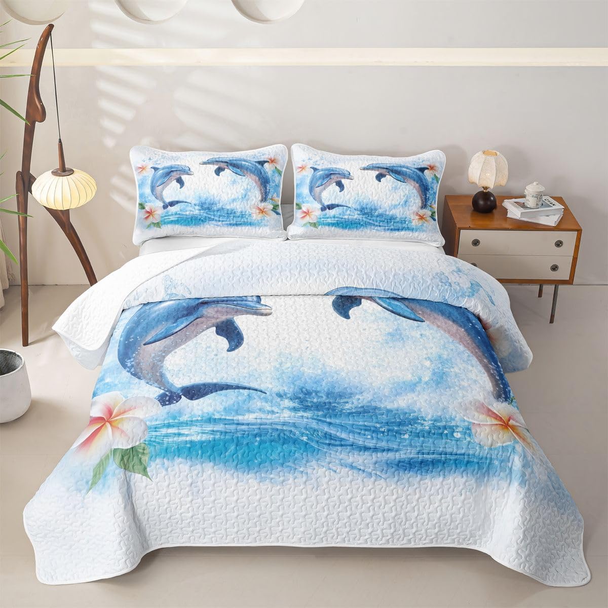 Dolphins King Quilt Bedding Set Tropical Ocean Flowers Quilt Bedding Nautical Sea Animal Bedspread Coverlet Beach Coastal Sea Quilted Comforter Soft Lightweight Quilted Blanket for Boys Girls