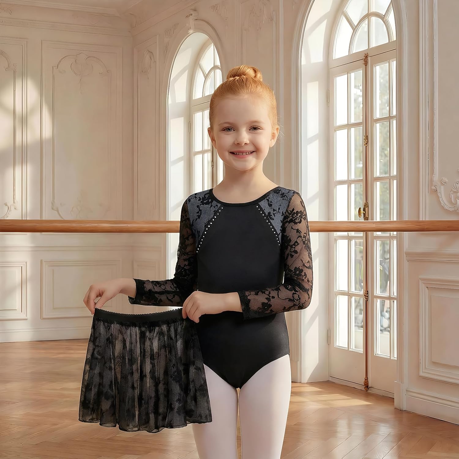 JiAmy Girls Ballet Leotards Long Sleeve Mesh Toddler Dance Leotard Combo with Removable Skirt - Image 2