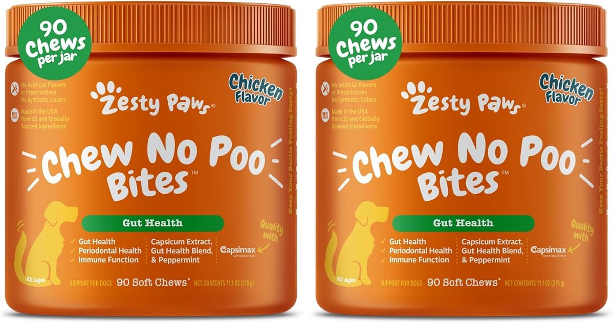 Zesty Paws Chew No Poo Bites for Dogs - Coprophagia Relief - Stool Eating Deterrent Soft Chews for Dogs - Gut, Periodontal & Immune System Support with Probiotics - Chicken - 90 Ct (Pack of 2)