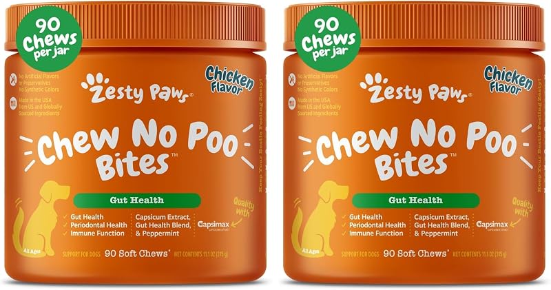 Zesty Paws Chew No Poo Bites for Dogs - Coprophagia Relief - Stool Eating Deterrent Soft Chews for Dogs - Gut, Periodontal & Immune System Support with Probiotics - Chicken - 90 Ct (Pack of 2)