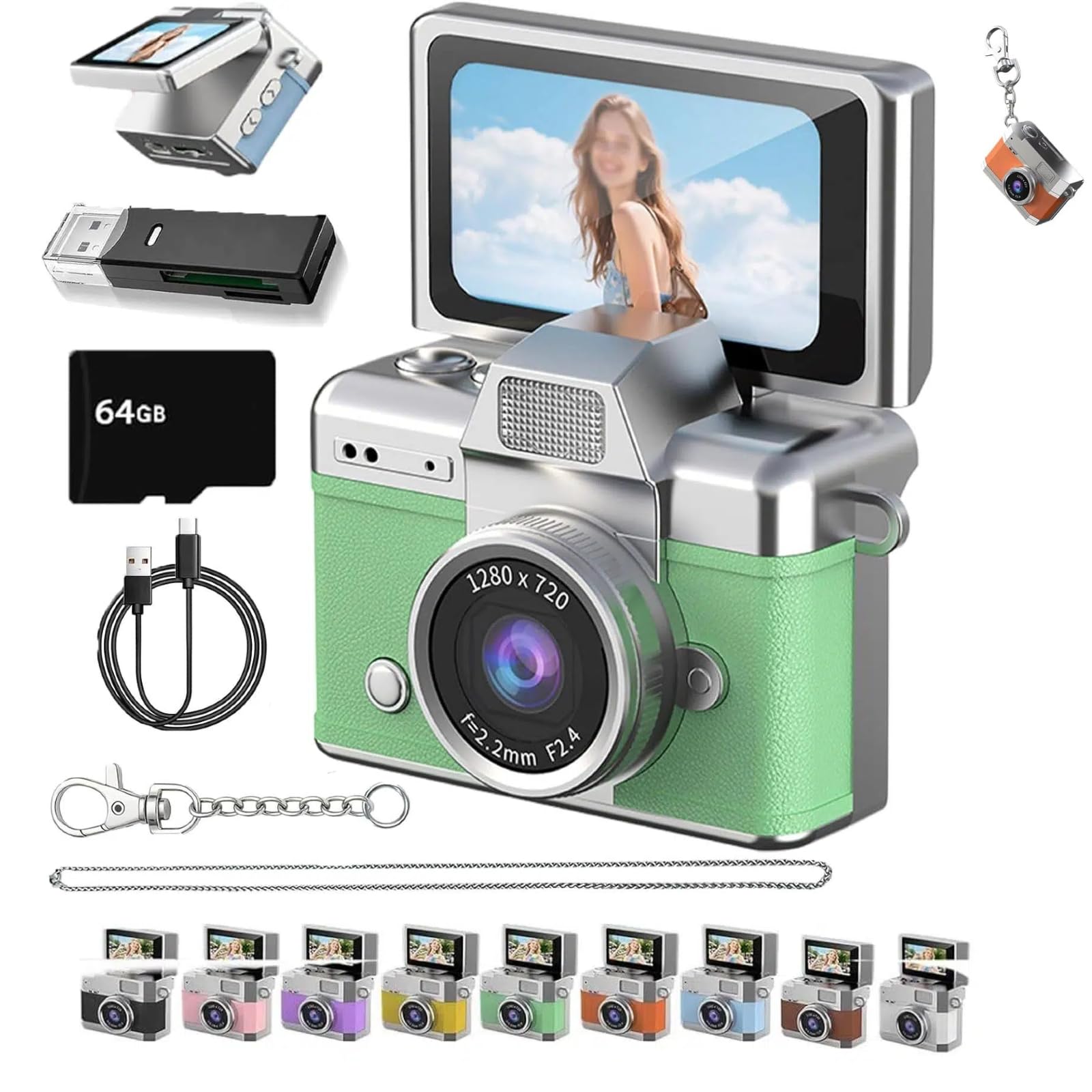 Thumb-Sized Flip Screen Mini Camera, Mini Keychain Digital Camera, Flip Screen Mini Camera with Built-in Flash &amp; Flip Display, 64GB Memory, Portable Keychain Camera for Travel &amp; Daily Use (1, Green)