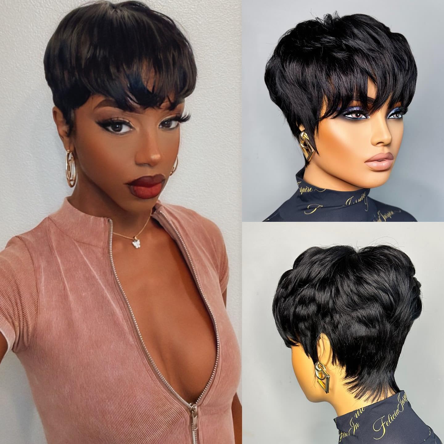 Glueless Human Hair Wigs Short Blonde Pixie Cut 150% Density Machine Made Lightweight for Black Women Daily Use (Black,6")