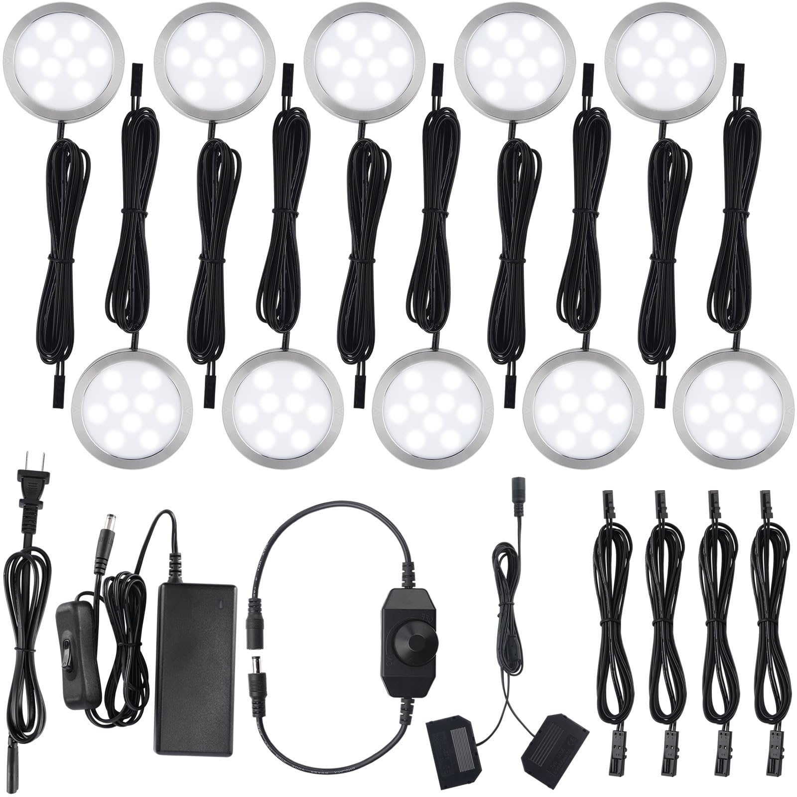 Meigour LED Puck Lights Kit for Under Cabinet Lighting, Rotary Dimmer Switch, Plug in & Hardwired, 120V AC Powered to DC12V, Black Cords, 10 Lights, Cool White