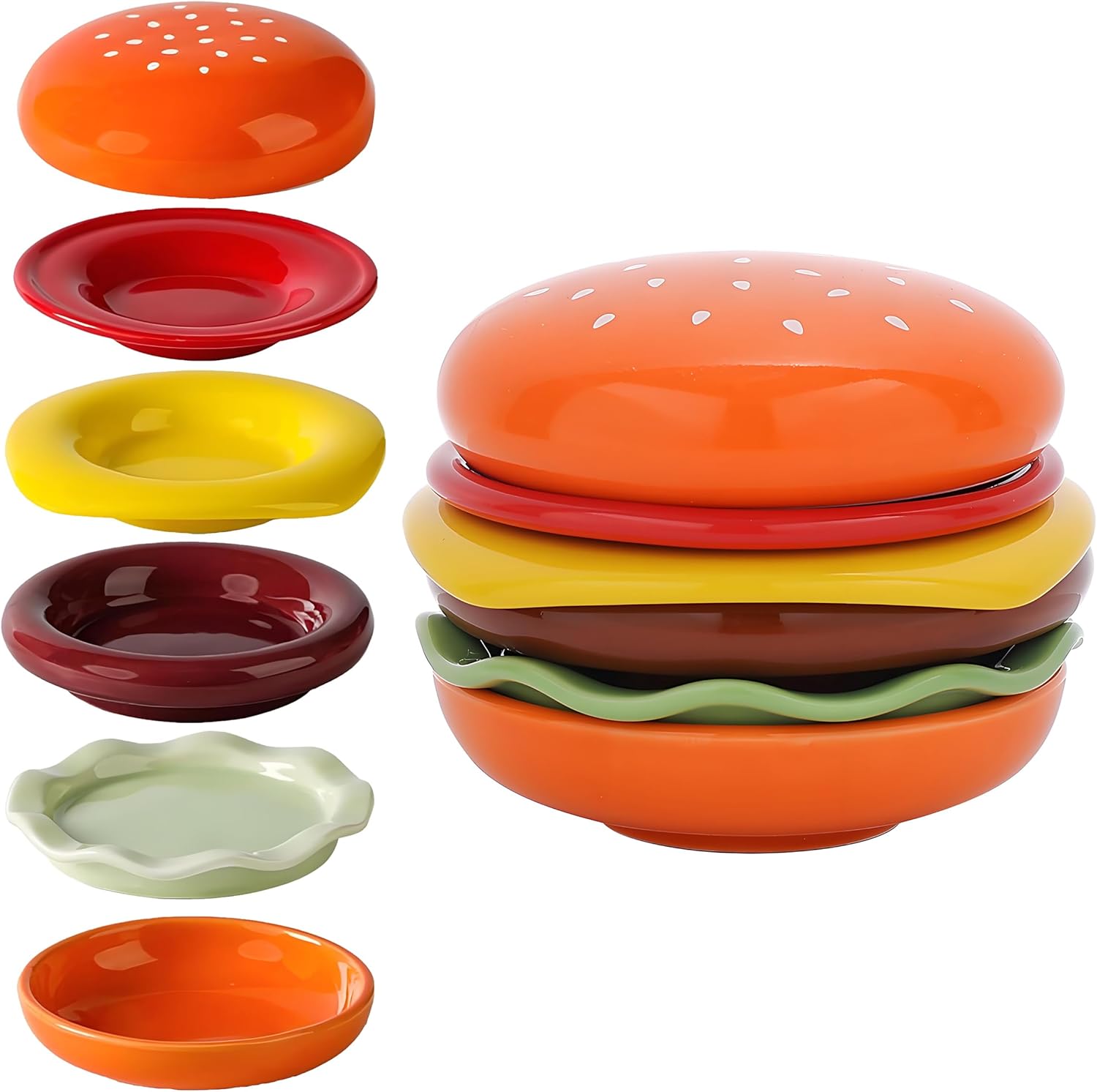 Stackable Ceramic Burger Plate Set, 2026 New 5-Piece Ceramic Hamburger Stack Plates and Bowls Sets, Novelty Multi-Layer Stackable Burger Dinnerware Set with Lid, Style B, 6.5in