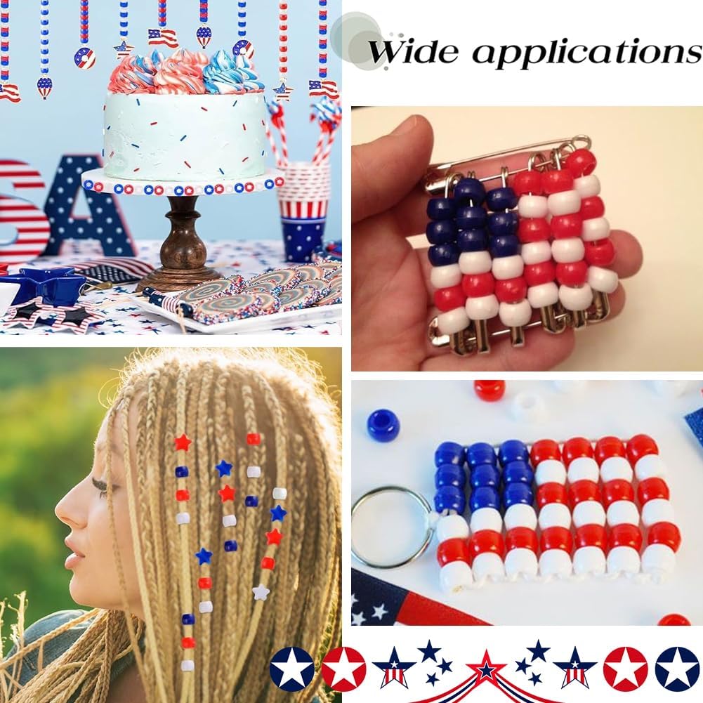 800Pcs 9mm Patriotic Beads Bulk Red White Blue Pony Beads Independent Day 4th of July Friendship Round Plastic Crafts Bead for Jewelry Making Supplies DIY Necklace bracelet Earring Hair Beads