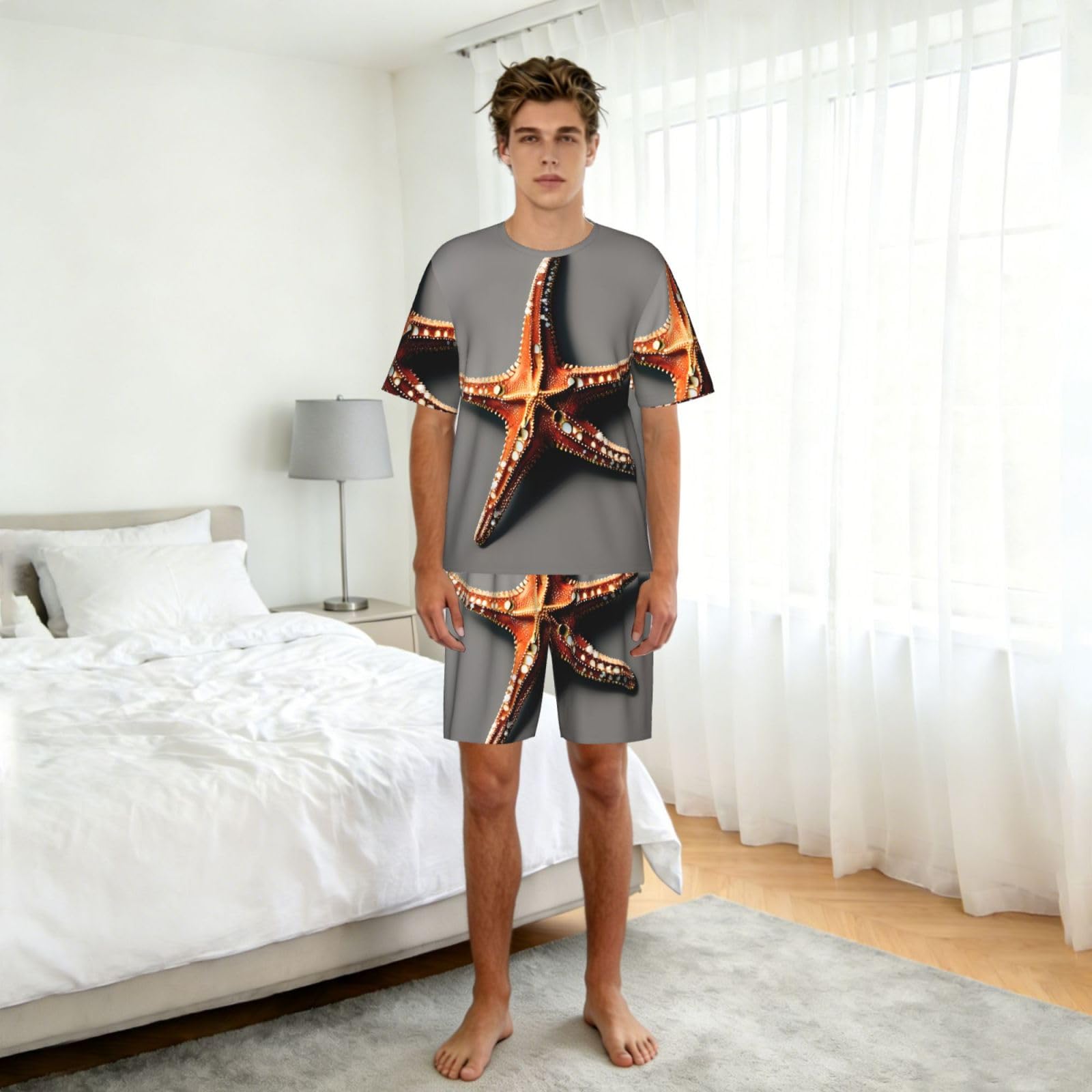 Bonito conjunto de pijama clásico con estampado de estrella de mar, pantalones cortos de pijama suaves para hombre, perfecto para las noches de verano