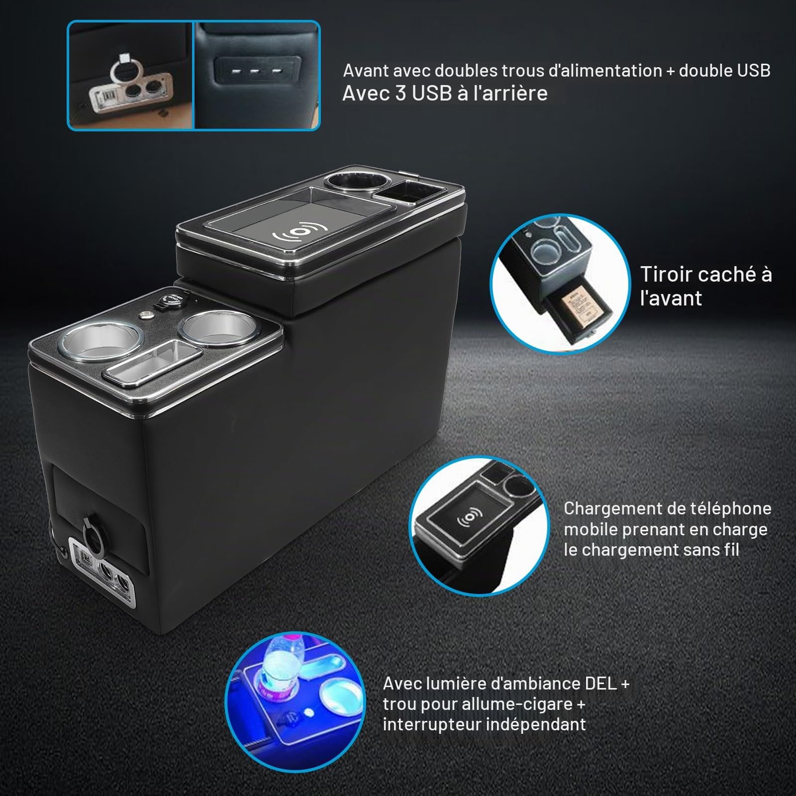 Console Centrale Améliorée Avec Boîte de Rangement Compatible Avec T5 T6 | T6.1 2013-2019, Console Centrale de Voiture, Chargement Sans Fil, Console Centrale Avec USB et Lumières LED