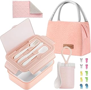 Bento Lunch Box for Kids, Bento Box Adults Lunch Box Leak-proof for Kids Toddler Teens School, Lunch Box Containers Durable with Lunch Bag, Cup, Spoon, Forks, Dishcloth (Pink Set)