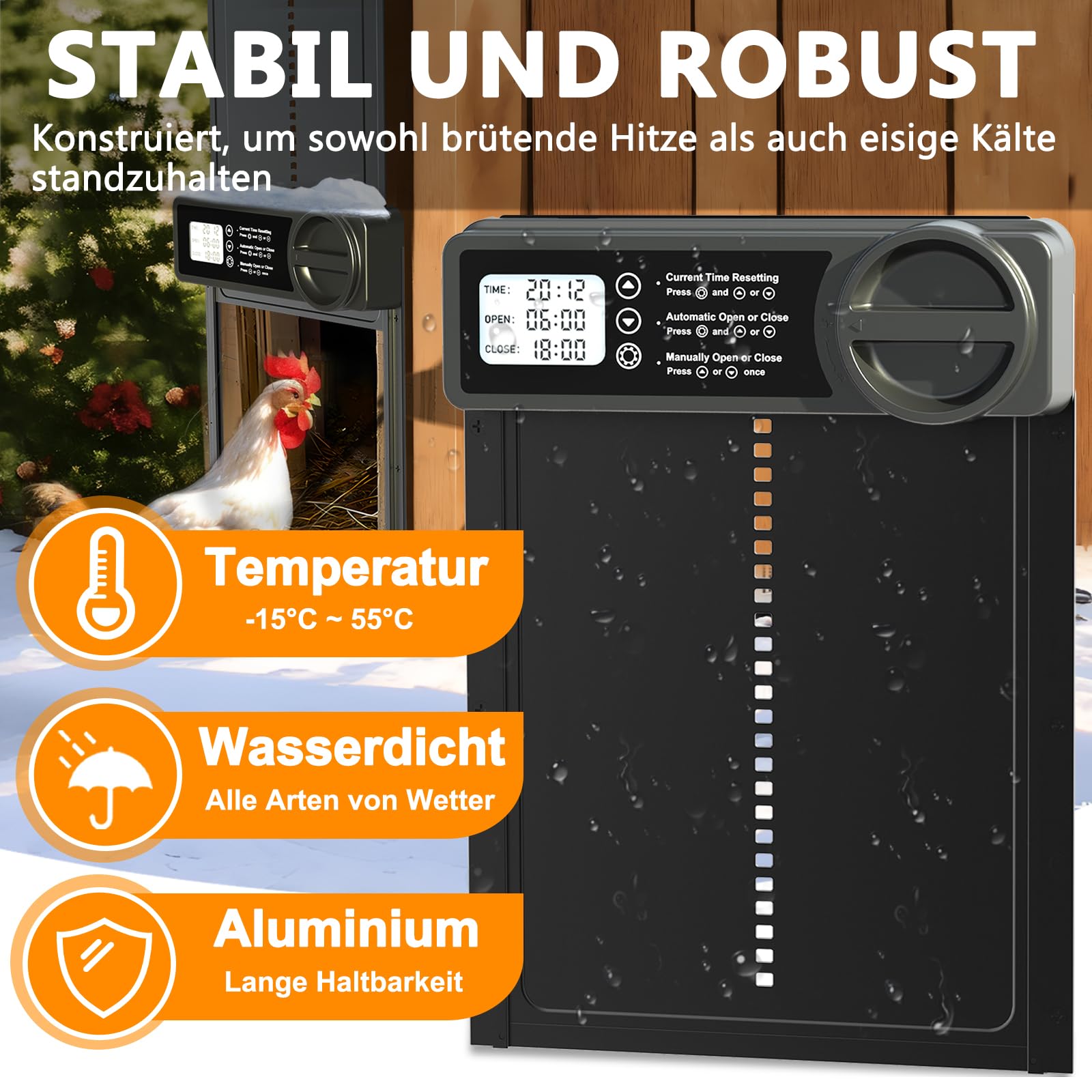 Hühnerklappe Automatisch – Groß mit Zeit-/Handmodus Einklemmschutz, automatische Hühnerklappe aus Aluminiumlegierung, elektrische Hühnertür | Kältetauglich | LCD-Bildschirm | Batteriewarnung