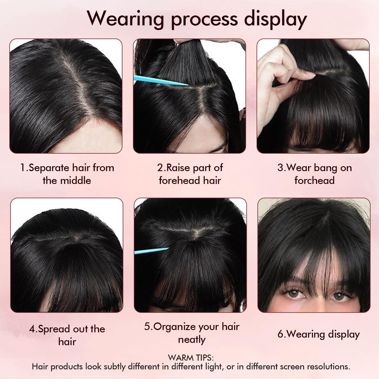 Flequillo con clip, cortina curvado 3D Air con clips invisibles en las templo, postizo pelo sintético extensiones, postizos para mujeres y niñas, uso diario, negro marrón