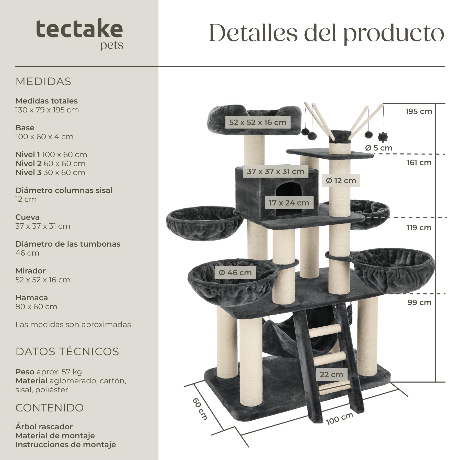 tectake 800740 Rascador para Gatos, Árbol Rascador, Columnas de Sisal, Caseta Plataforma 4 Nidos Hamaca, 130x79x195 cm (Gris/Blanco | No. 403327)