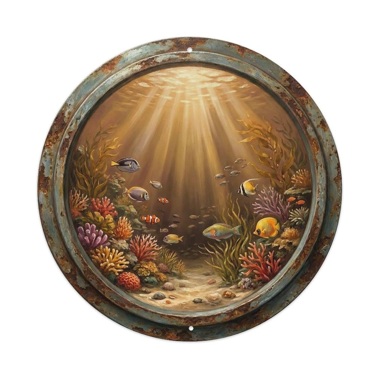 Vintage Porthole Afternoon Glow Ship Window Under Deep Metal Tin Sign