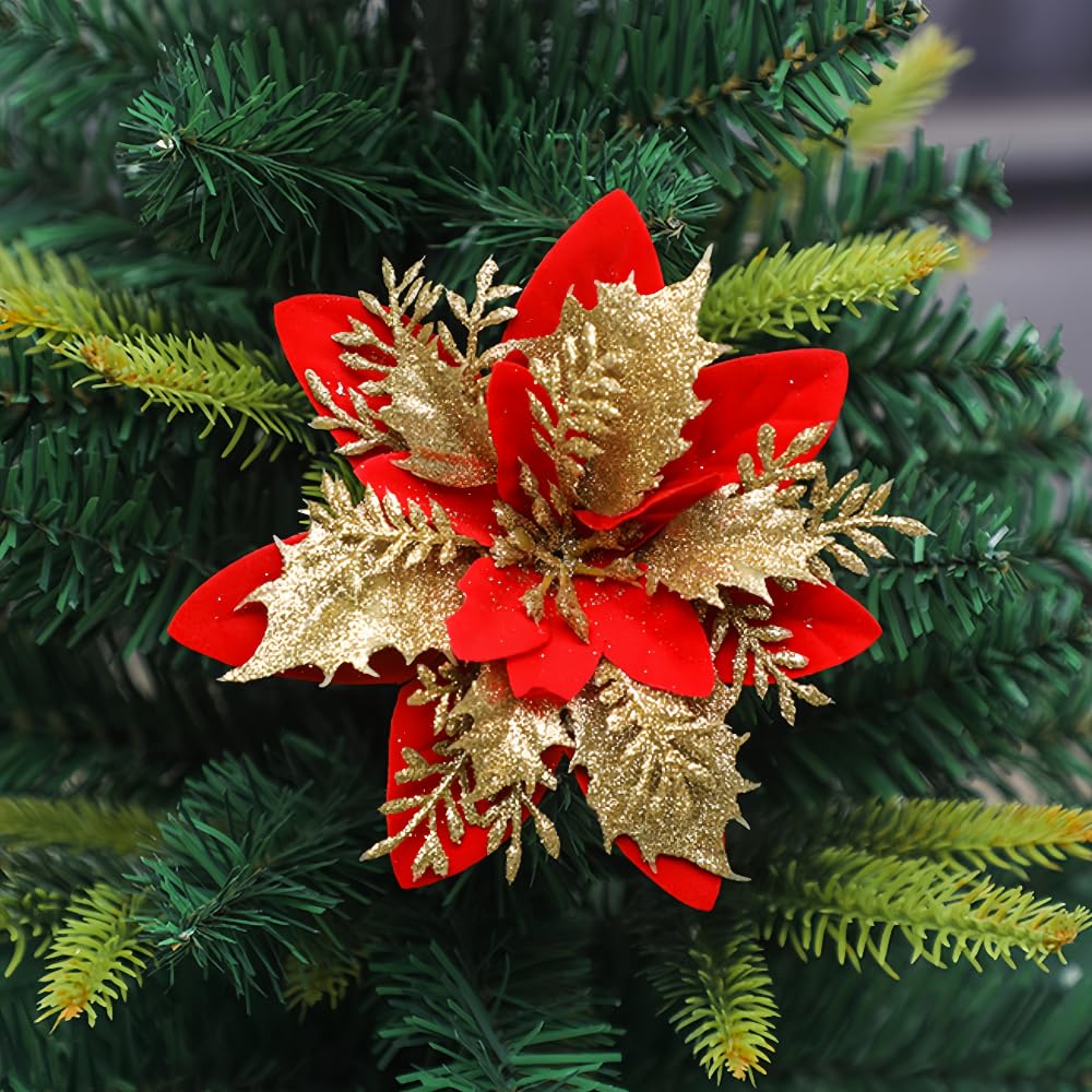 Fleur artificielle de Noël jaune en soie de 33 cm pour décorer votre sapin et table de fête