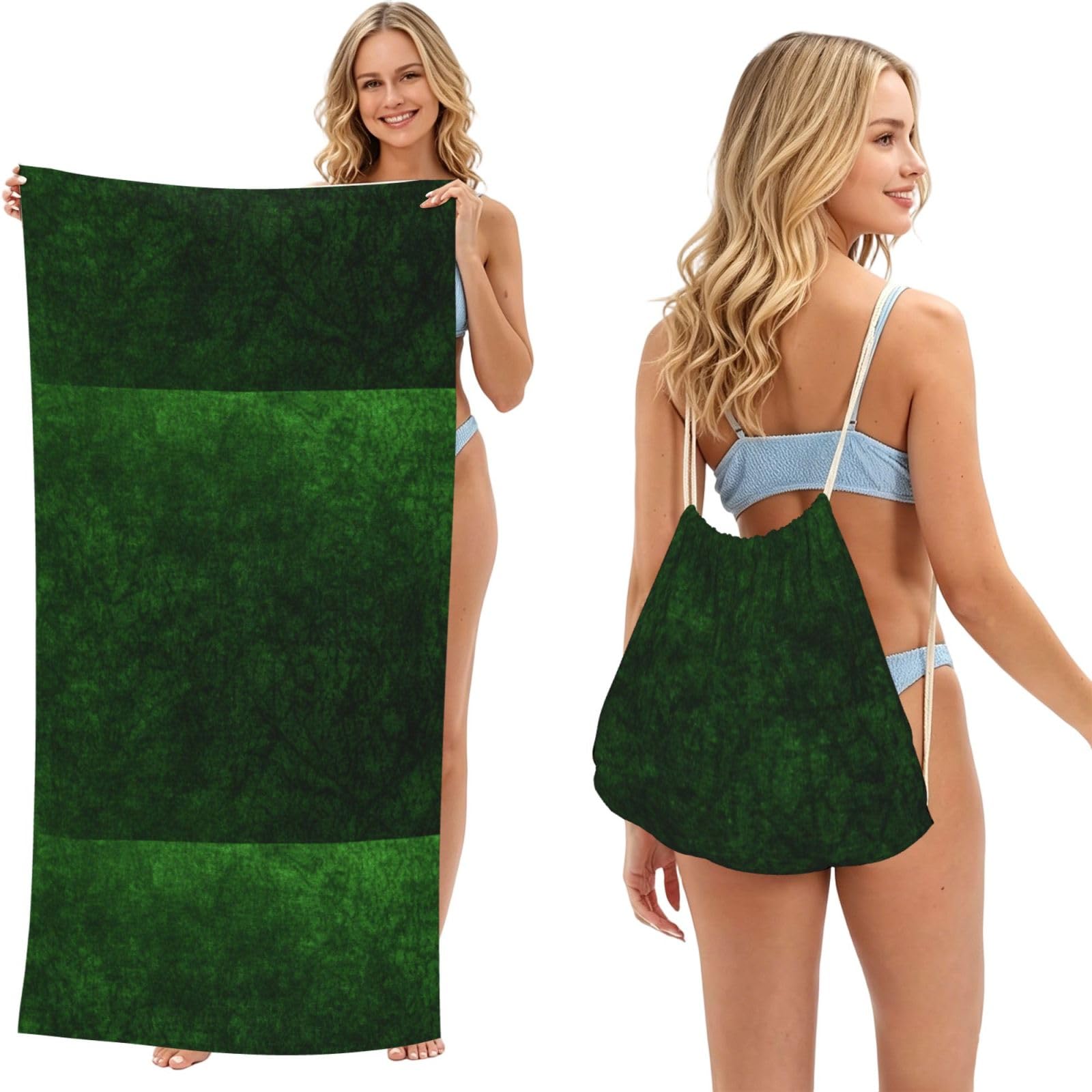 Poadnly As Picture Emerald Green Color Printed, 2 In 1 Packable Towel Bag, Beach Towels With Drawstring Backpack For Travel Holiday Camping