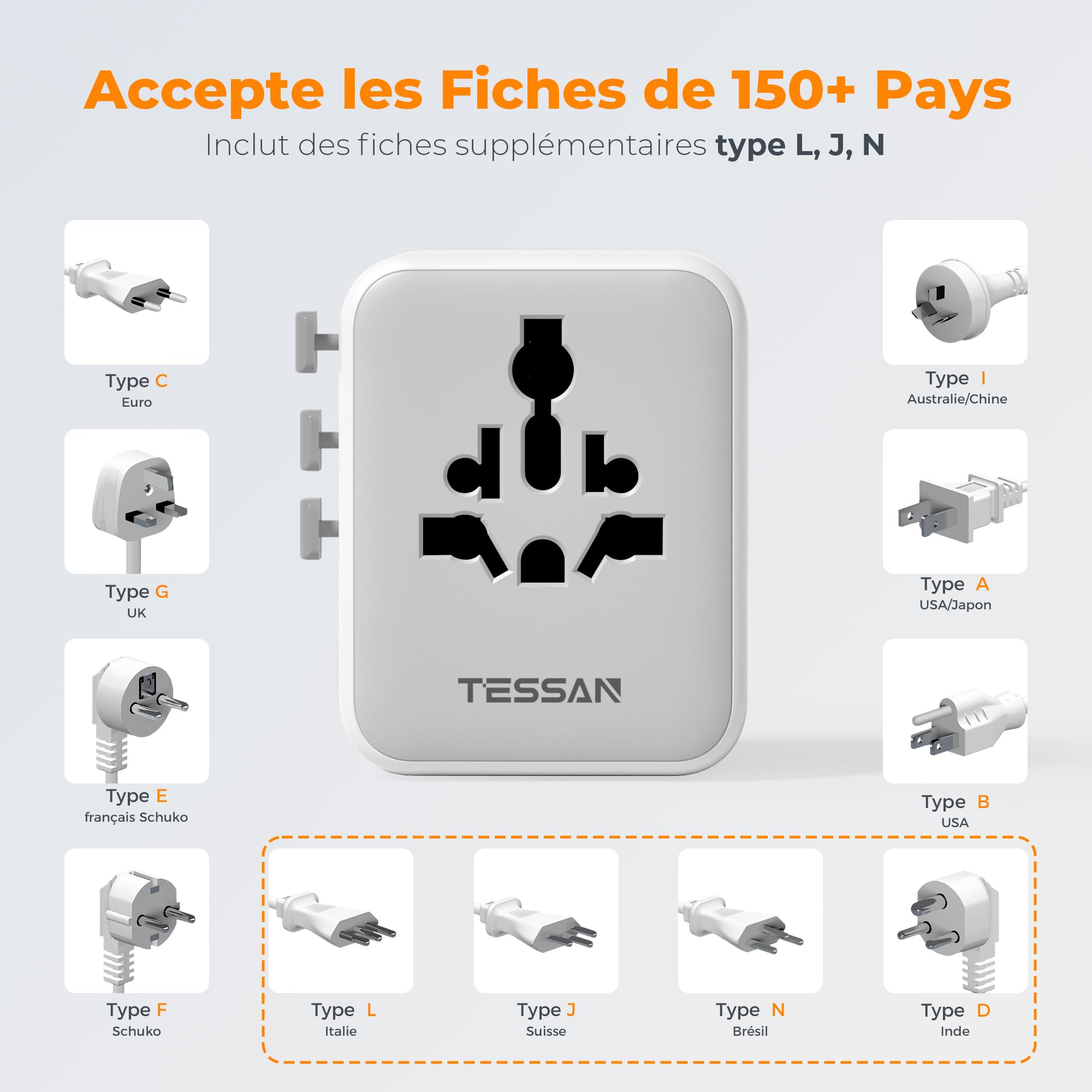 TESSAN Adaptateur Prise Universelle, Adaptateur Universel de Voyage avec 5 USB Puissance Totale 28W, International Voyage Accessoires France vers USA Anglaise Thailande Japon Australie Chine