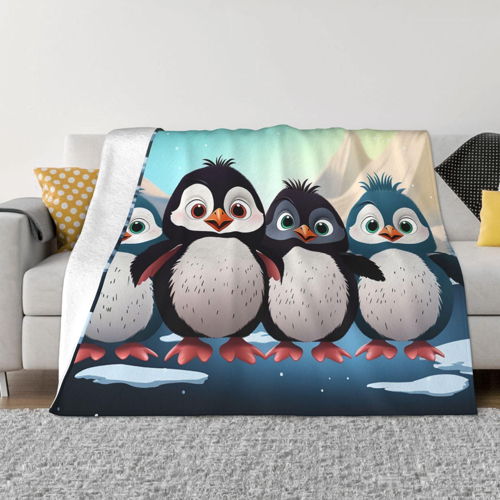 KLOPH Five Cute Penguins Throw Blanket 80"x60" Flannel Fluffy Warm Blanket for Couch, Reversible Plush Blankets for Bed, Comfy Fuzzy Blanket for Sofa, Plush Lightweight-Blankets for All Season