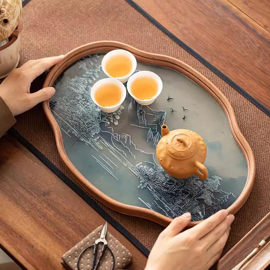 Breakfast Tray Chinese Tea Tray Home Living Room Small Glass Retro Tea Tray Dry Tea Tea Set Afternoon Tea Snack Tray Coffee Table Tray,A