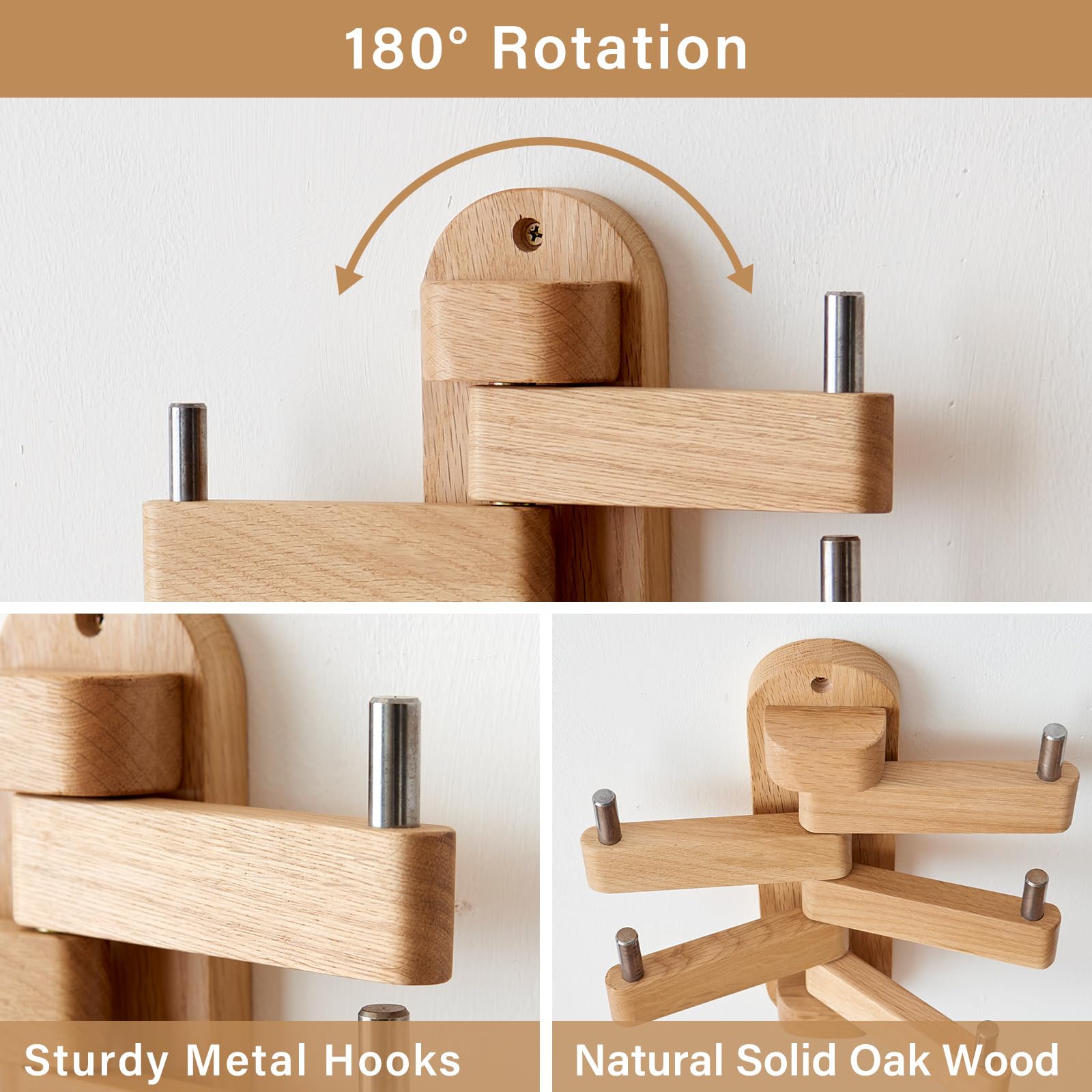 TREOAKWIS Oak Swivel Coat Rack, Solid Wood Coat Hooks with 5 Swivel Foldable Arms - Image 2