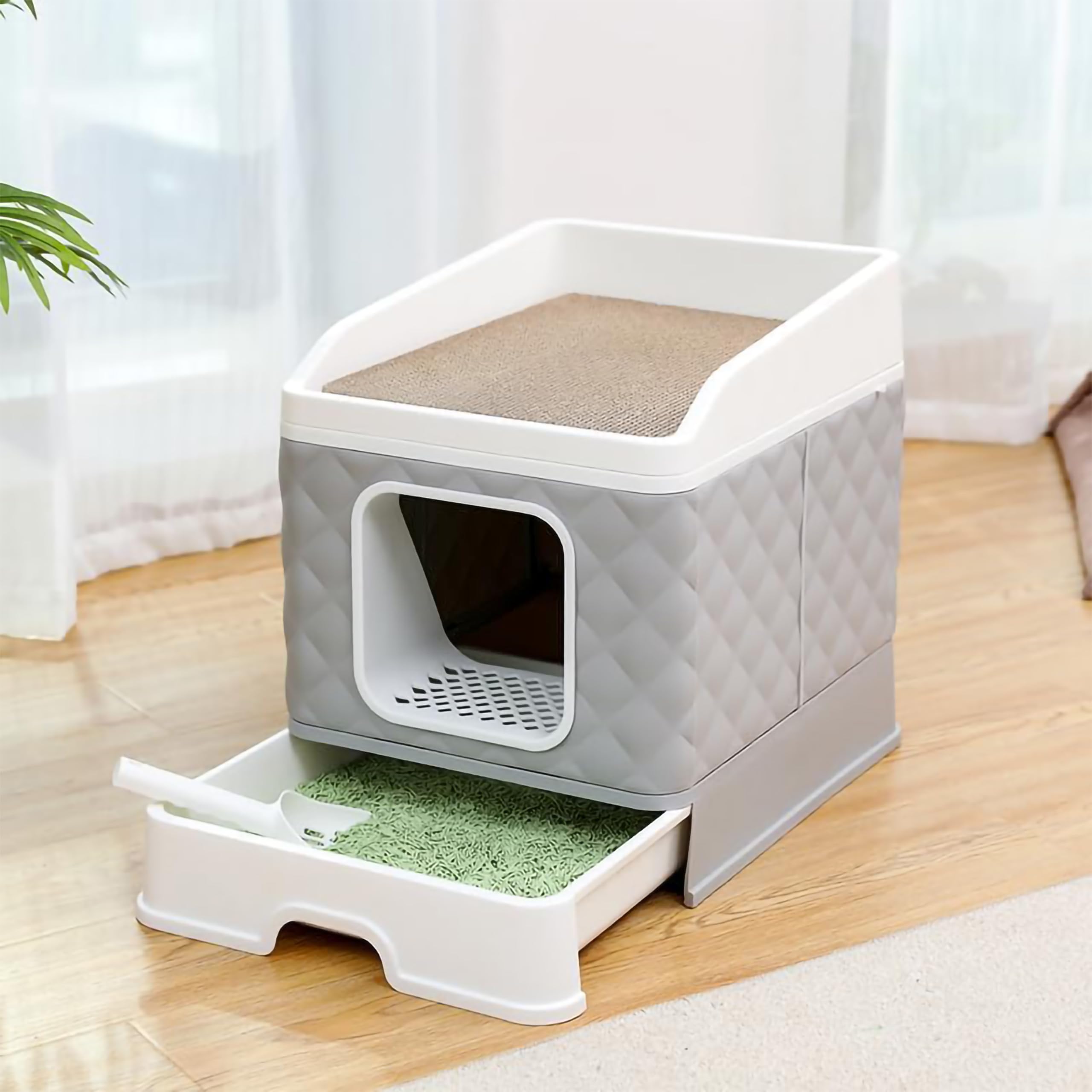 XXL Katzentoilette mit Deckel – Geschlossene Katzenklo mit Schublade, Kratzmatte & Schaufel – Geruchsdicht, hygienisch, ideal für große Katzen - grau (Grau)