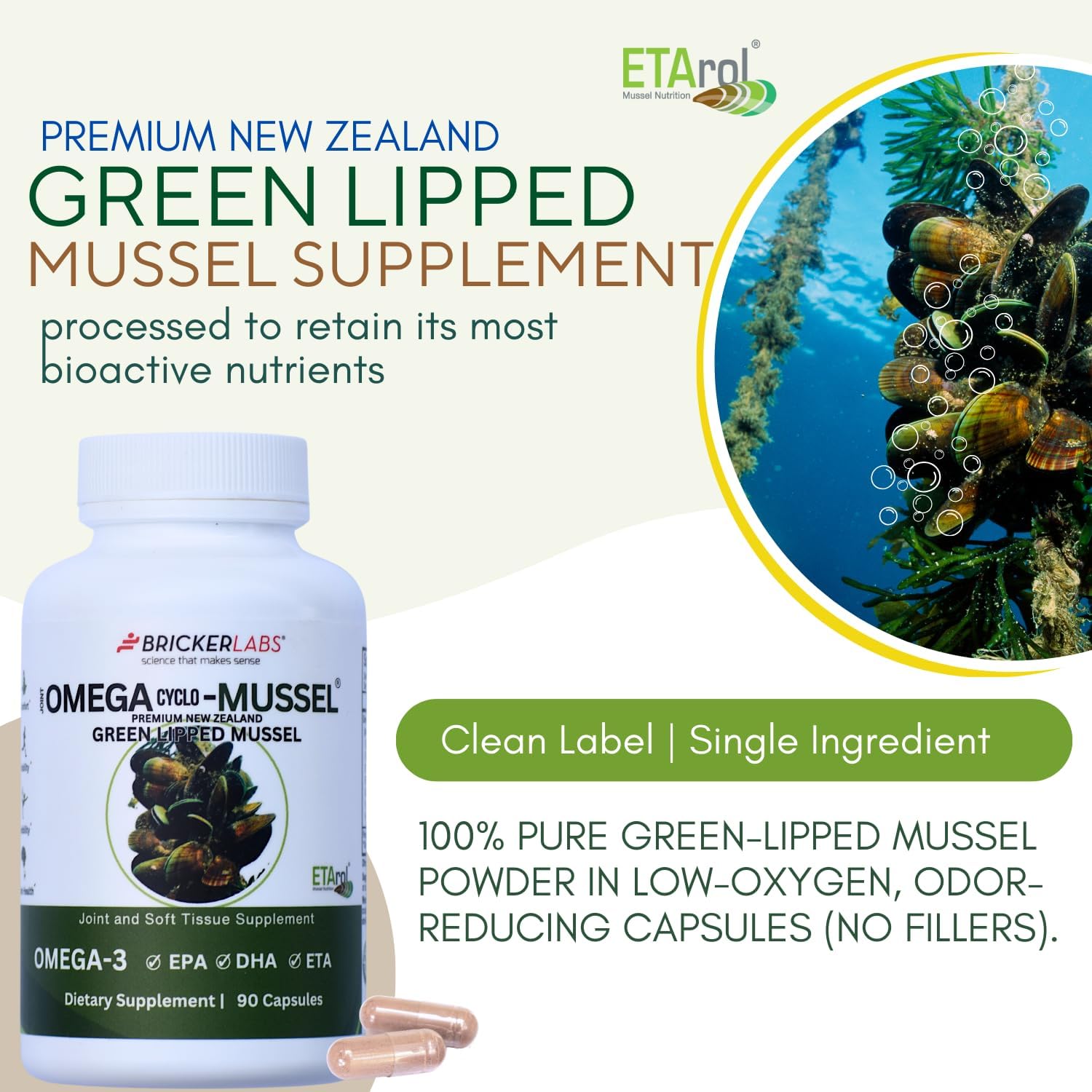 Bricker Labs Omega Cyclo - Mussel Joint Health Supplement, Premium New Zealand Green Lipped Mussel, Full Spectrum Omega Joint Supplements for Joint Health and Comfort, 90 Capsules