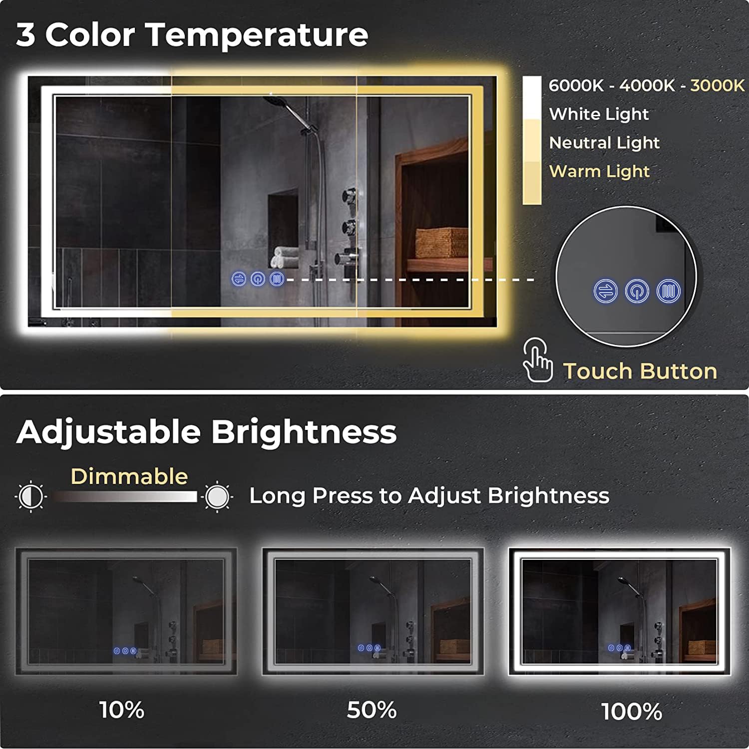 Badspiegel mit Beleuchtung 120x70cm, Badezimmerspiegel Wandspiegel und Touch-Schalter, IP65-Led-Spiegel-Bad mit Speicherfunktion, 3 Farbtemperatur,Horizontal/Vertikal, HD Hartglas