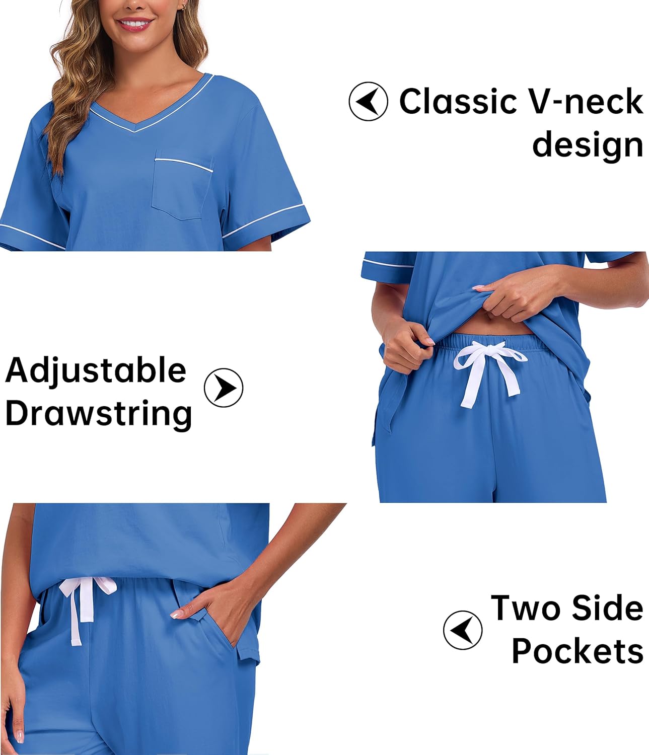 ANLIQI 100% Cotton Pajamas for Women Short Sleeve Sleepwear & Long Pants 2 Piece Pjs Loungewear Pj Set with Pockets S-XXL