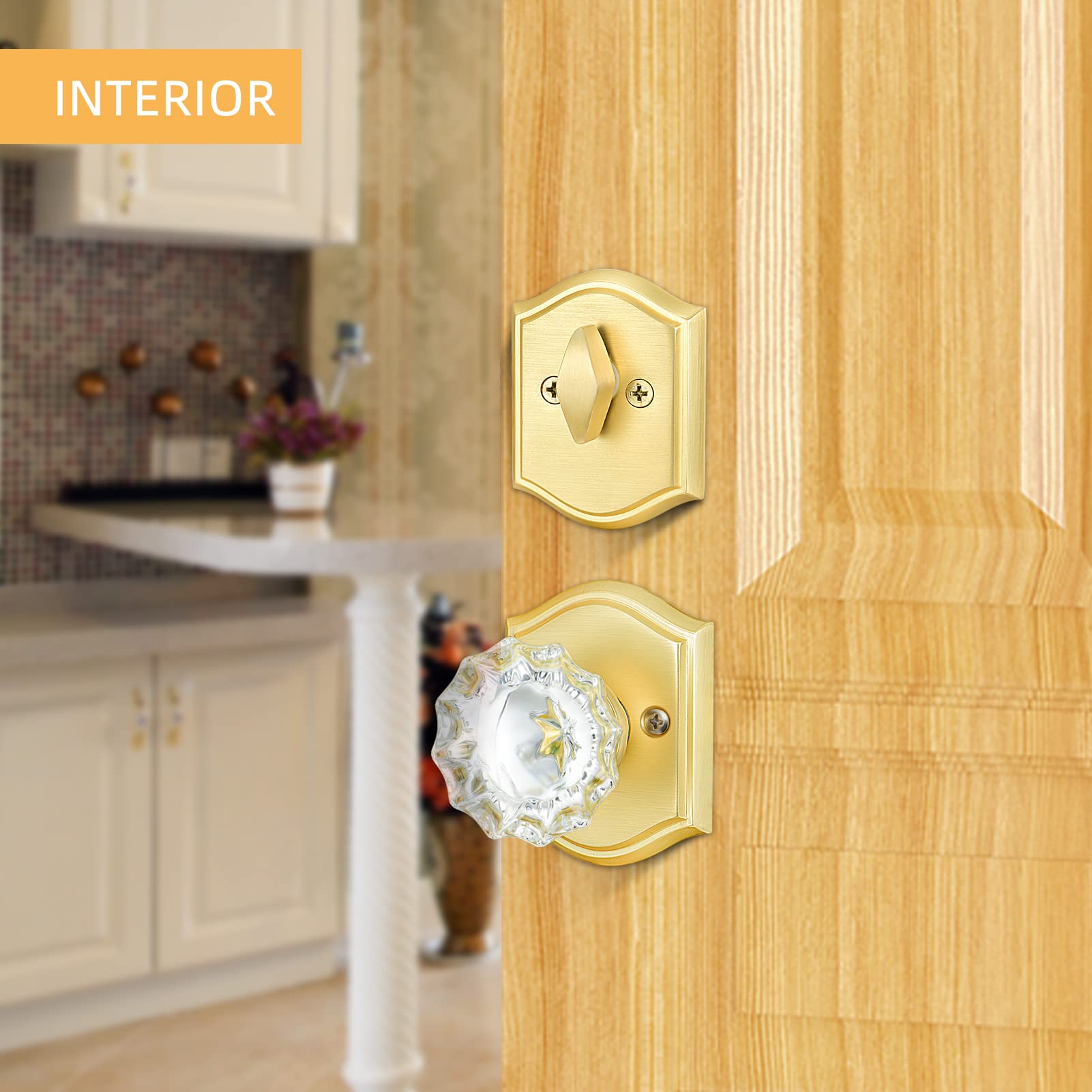 CLCTK Crystal Glass Passage Door Knob and Single Cylinder Deadbolt Combo Set, Satin Brass Finish