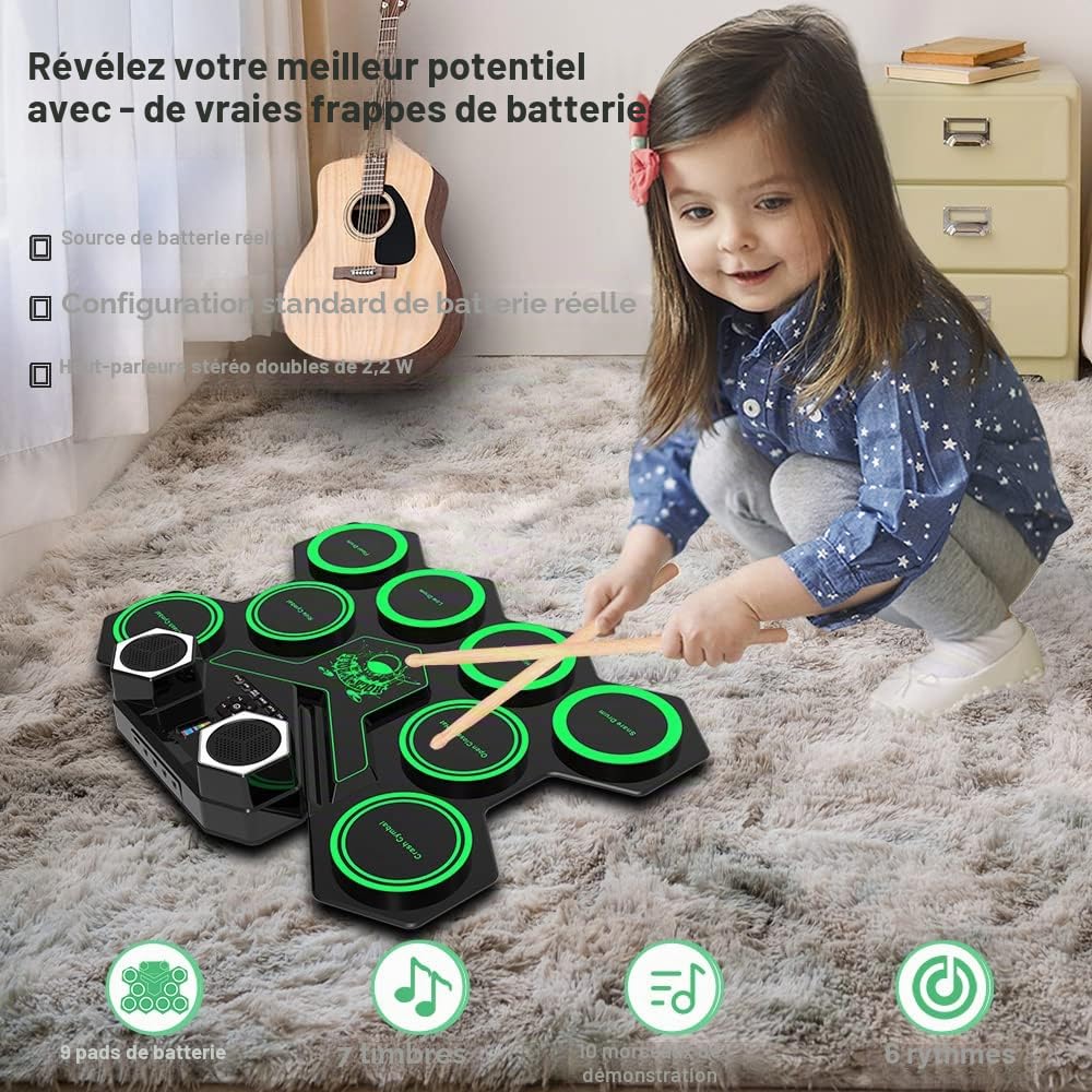 CNAPXAIA Kit de Batterie Électrique - 9 Pads Portatif E-Drum Set avec Haut-Parleur Intégré/Pédales/Baguettes, Batterie Bebe Musique Instrument pour Enfants, Fêtes, Anniversaires et Cadeaux