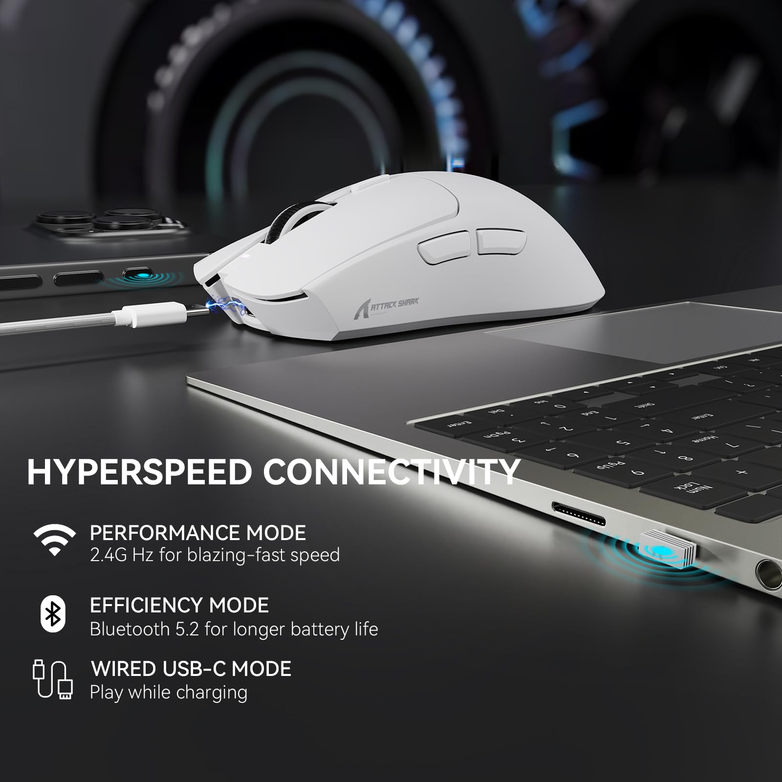 MAMBASNAKE x Attack Shark X1 Ratón Ligero para Juegos FPS con Base de Carga, 49g Superlight, Sensor PAW3395 Pro 40K dpi, Tasa de Sondeo de 1000Hz, BT/2,4G Inalámbrico/Cable, PC/Mac - Blanco