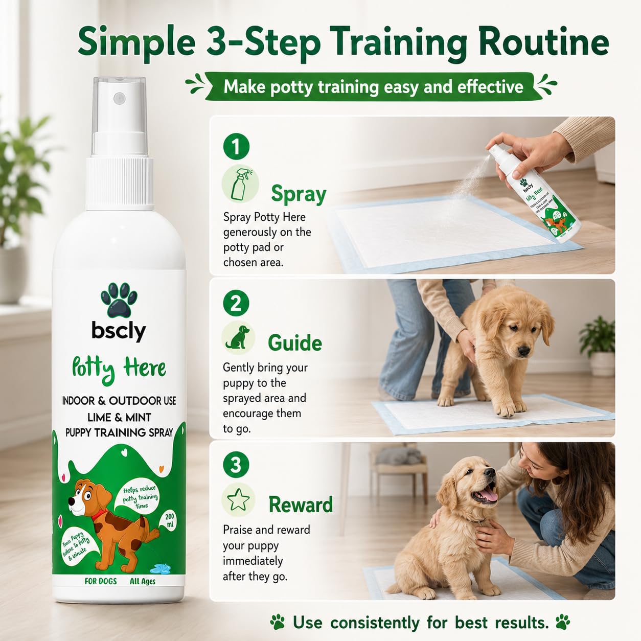 Bscly Dog Potty Training Spray for Puppies & Dogs | Pee Attractant & Toilet Training Aid | Trains Pets to Go in One Spot | Indoor & Outdoor, Pee Pad Friendly | Fresh Lime & Mint | 200ml 4