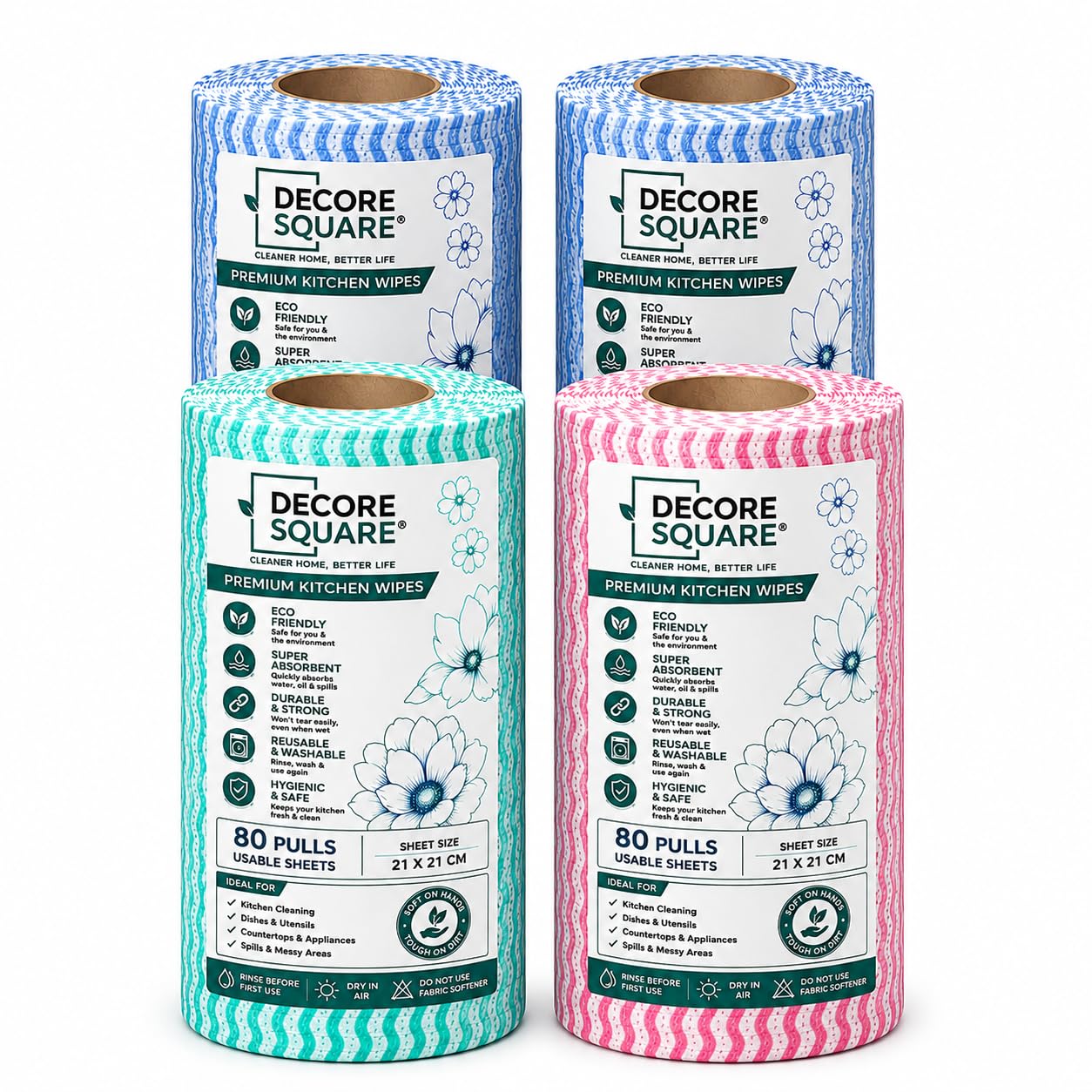 Premium Reusable Kitchen Towel Roll | 80 Pulls Each | Super Absorbent Non-Woven Kitchen Wipes | Washable & Reusable | Multipurpose Cleaning Roll | 21 x 21 cm | Pack of 4-image-48