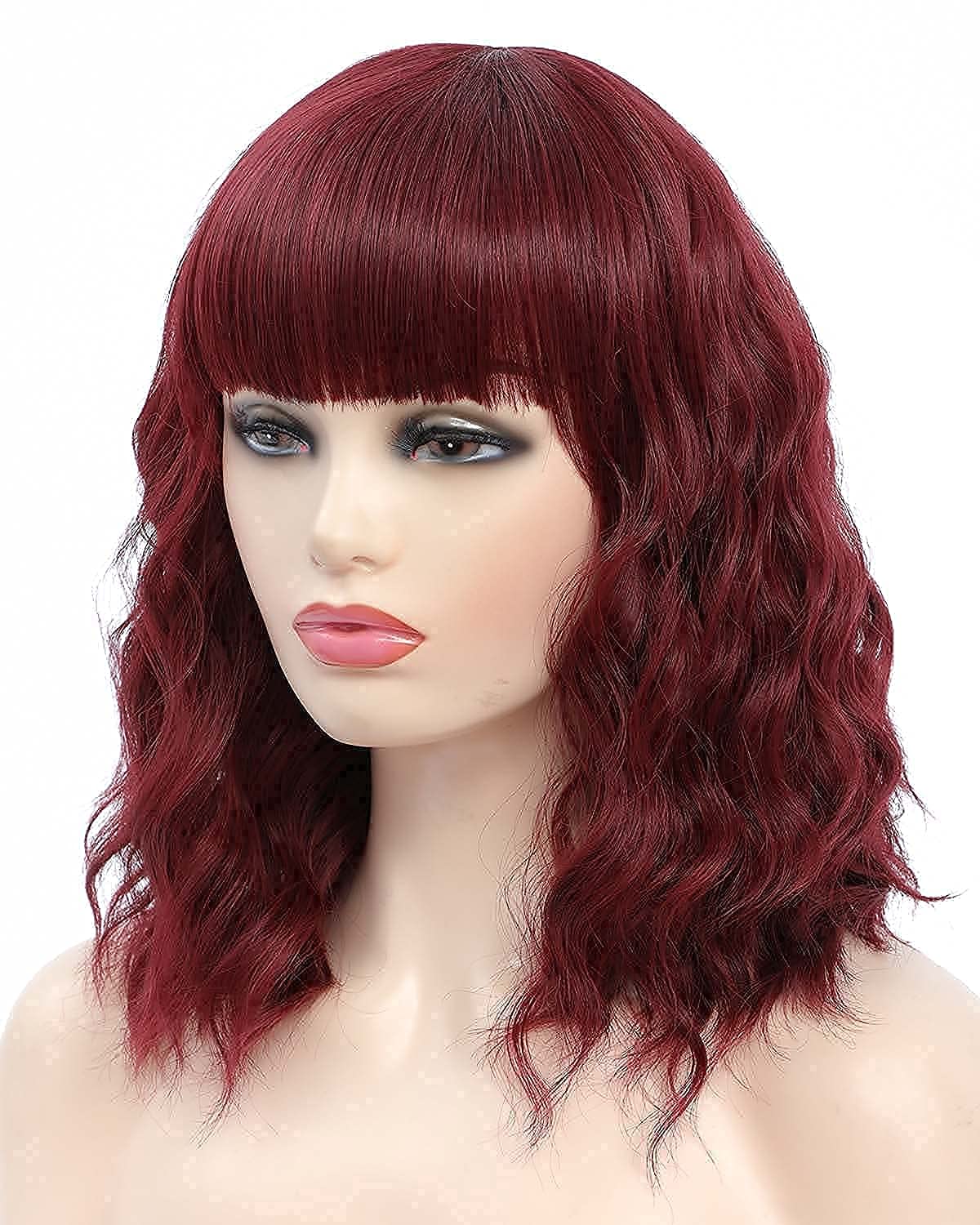Red Short Curly Wavy Bob Wigs with Bangs Halloween Cosplay Costume Wigs for Women Girls Shoulder Length Wigs Heat Resistant Synthetic Hair Daily Party Wig 14 Inch - Image 2