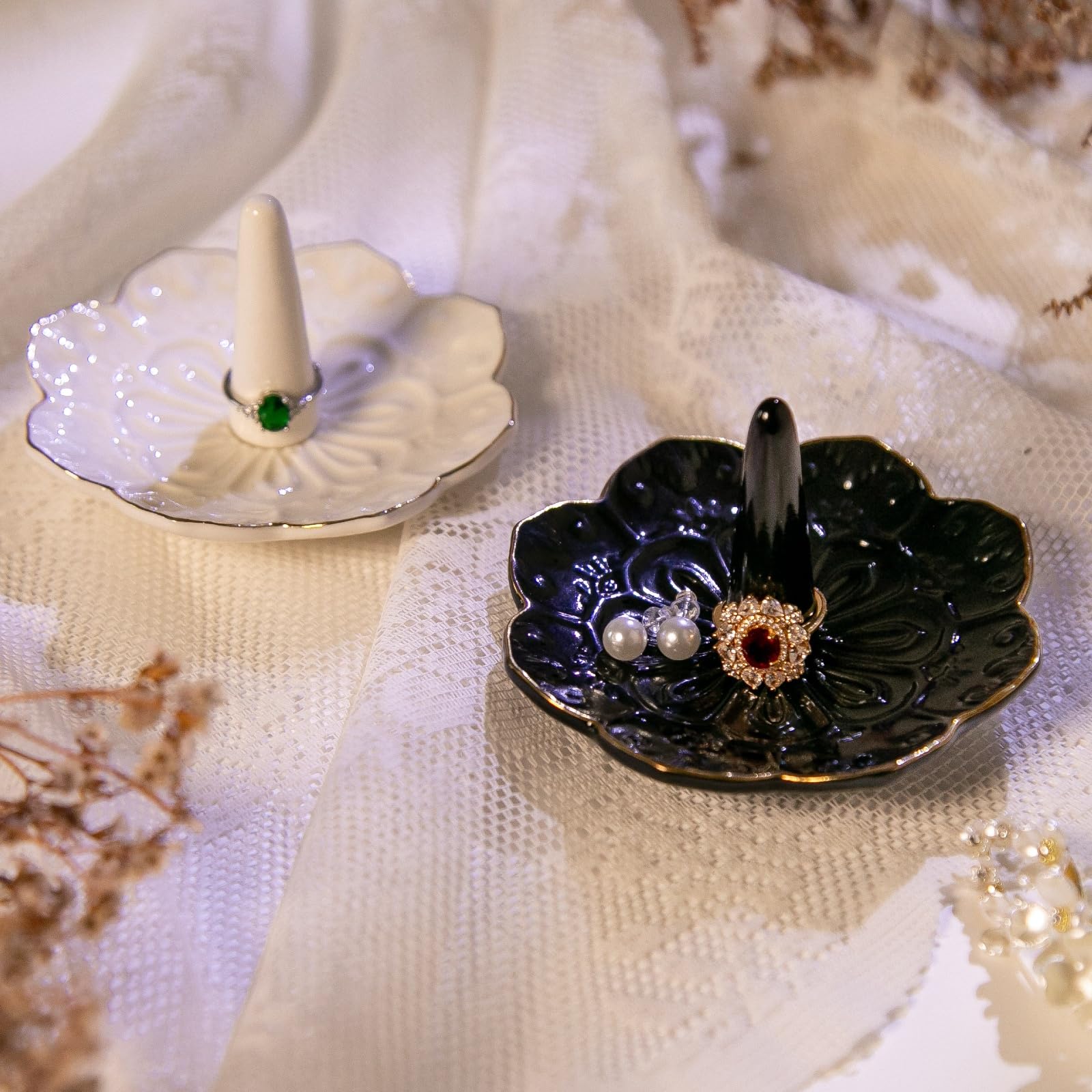 HOMEGOAL Ceramic Ring Holder Dish for Jewelry, Decorative Mandala Jewelry Tray for Rings Earrings Necklaces Watch Keys, Aesthetic Room Decor, Birthday Engagement Wedding Gifts for Women (): Black