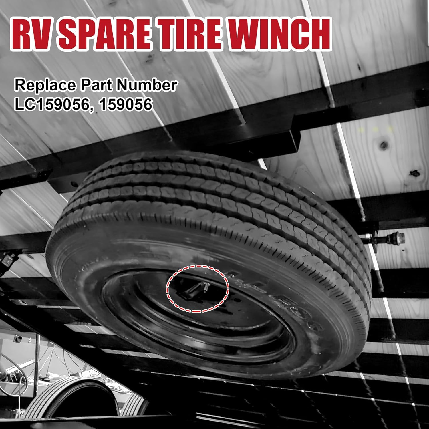 159056 RV Spare Tire Winch for RVs Trailers Trucks Motorhomes, Spare Tyre Holder with Offset Cable, Spare Wheel Towing Winch Carrier, Spare Tire Lift Assembly LC159056