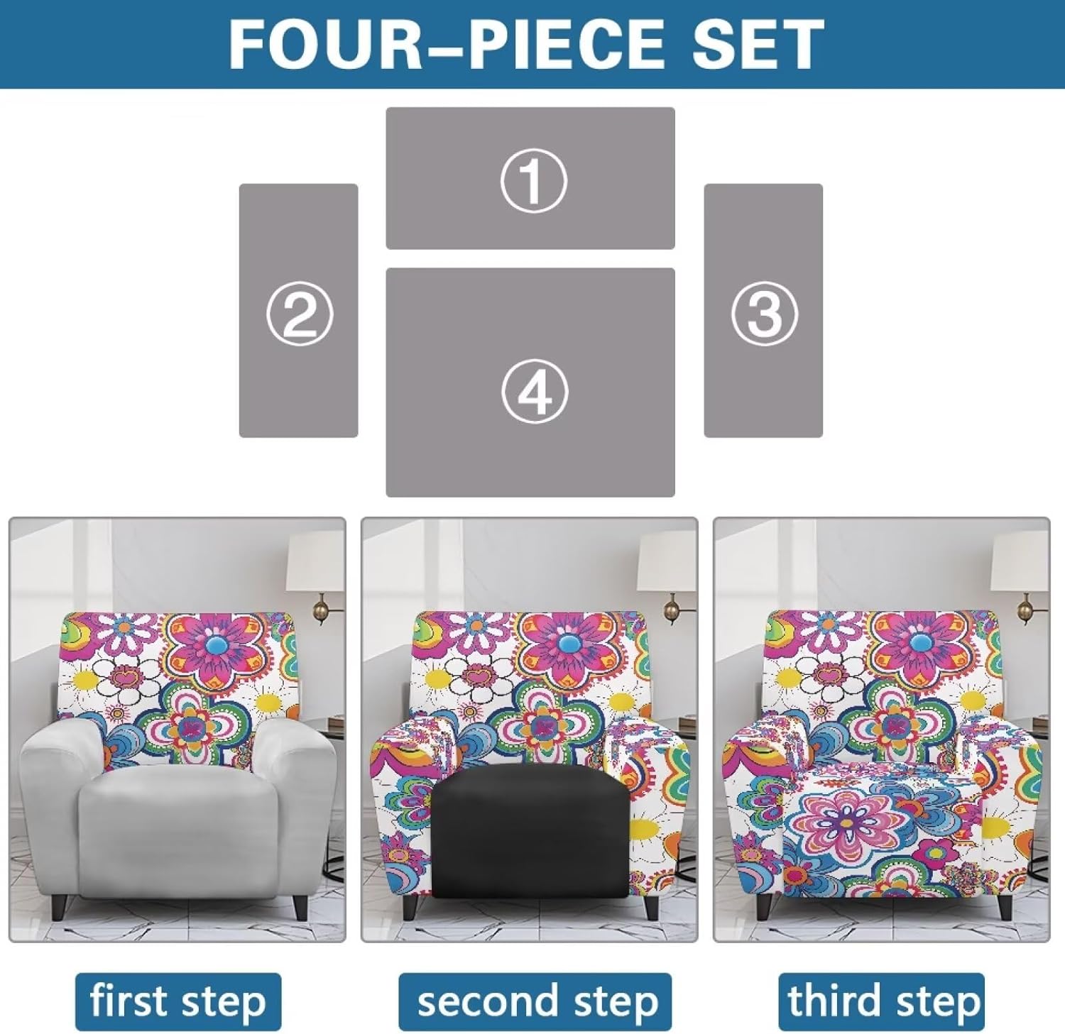 FOR U DESIGNS Hippie Flowers Stretch Recliner Covers 4-Piece Set for Single Seater Chew Resistant Fabric with Elastic Edges Easy Install Prevents Stains Pets Hair