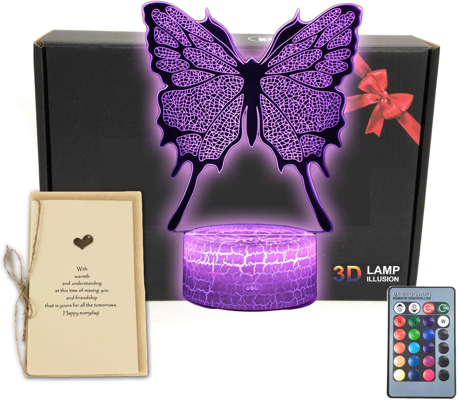 Butterfly 3D Illusion Table Lamp Room Decor Night Light with Greeting Card,16 Colors Change, Smart Touch Button & Remote Control Bedroom Decorations for Girls, Men, Women, Kids, Boys, Teens