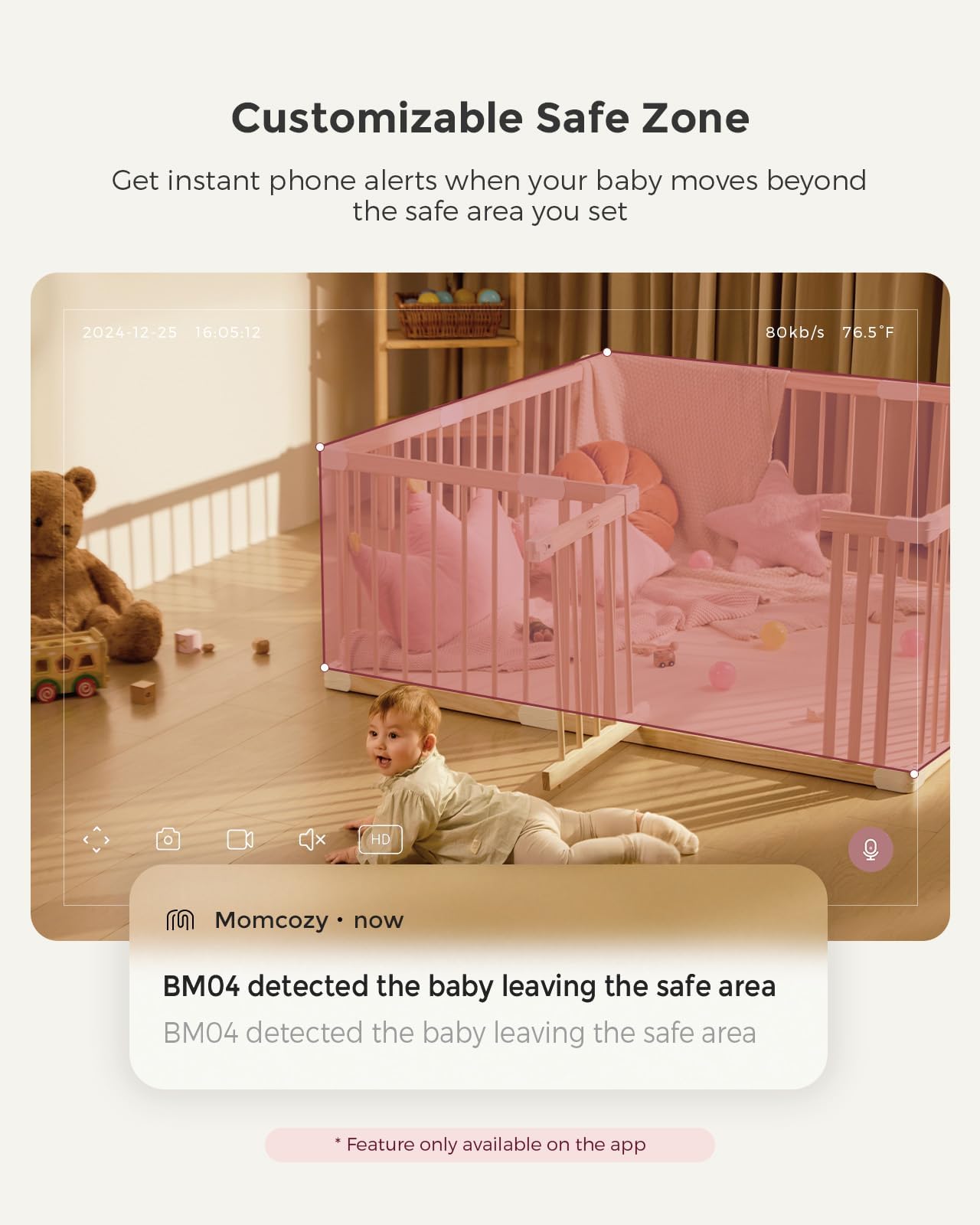 Momcozy BM04 elektroniczna niania z kamerą, Smart WLAN monitor dla niemowląt, ekran 5-1080p, z uchwytem ściennym, rozpoznawaniem ruchu i pisania, strefa bezpieczeństwa, wyraźna widoczność w nocy