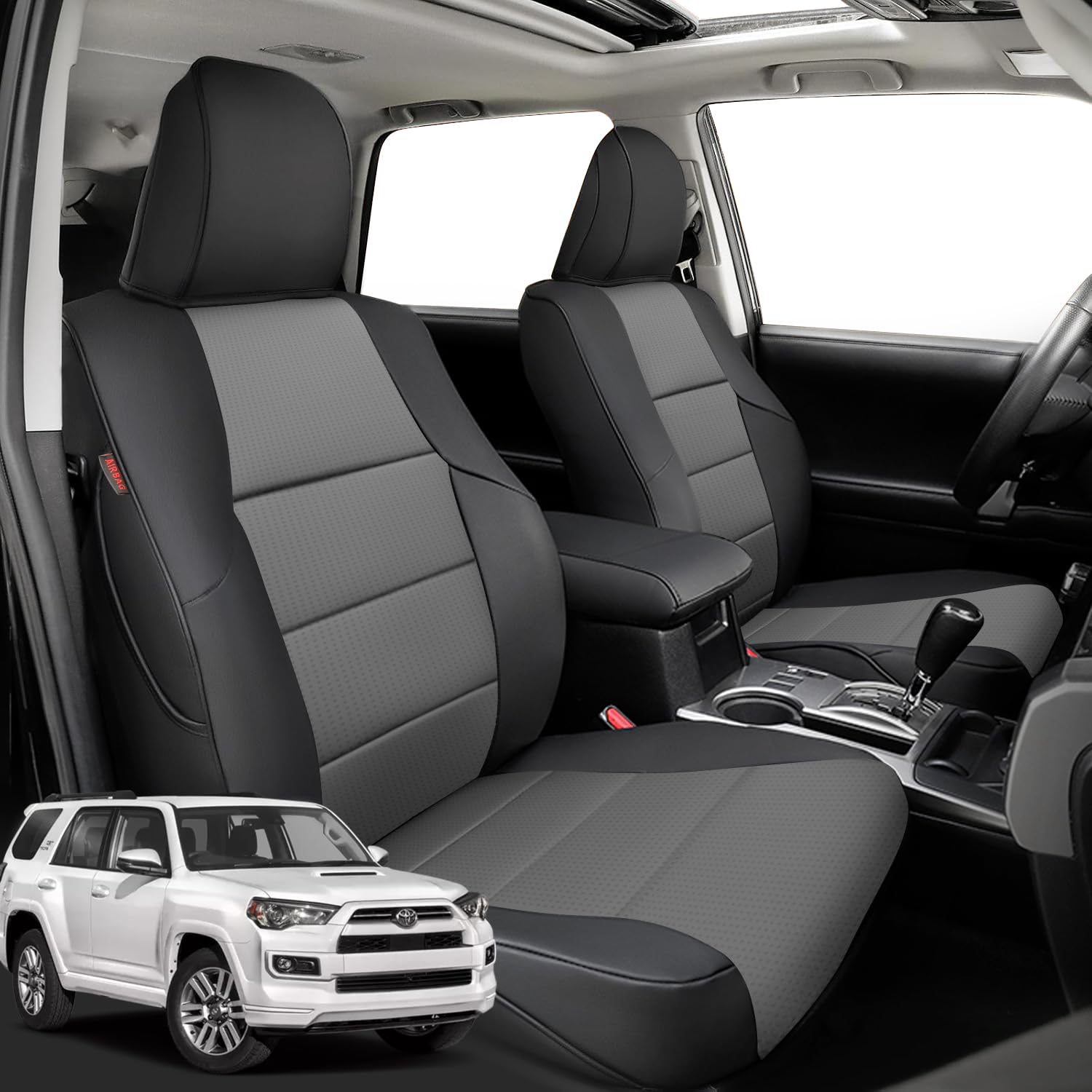 Coverdream 4Runner - Fundas de asiento de cuero impermeables, personalizadas para Toyota 4Runner 2010-2024, 7 plazas, cobertura total, compatible con airbag, protector de asiento, juego completo, negro y gris