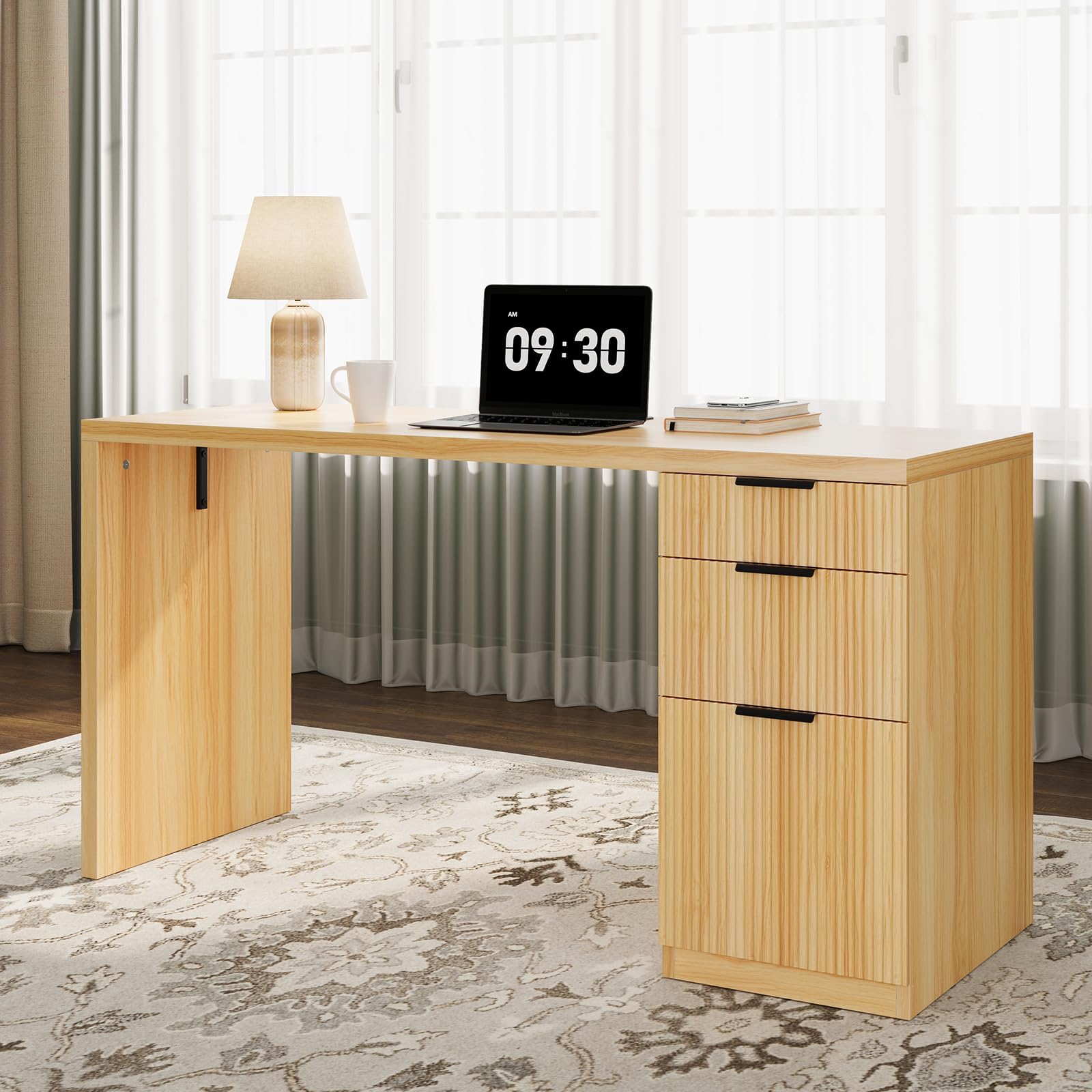 LotFun Modern Executive Desk with Built-in Power & File Drawer, 58" Home Office Desk with 3 Storage Drawers, Large Computer Workstation for Bedroom & Study, Fluted Design, Natural Oak