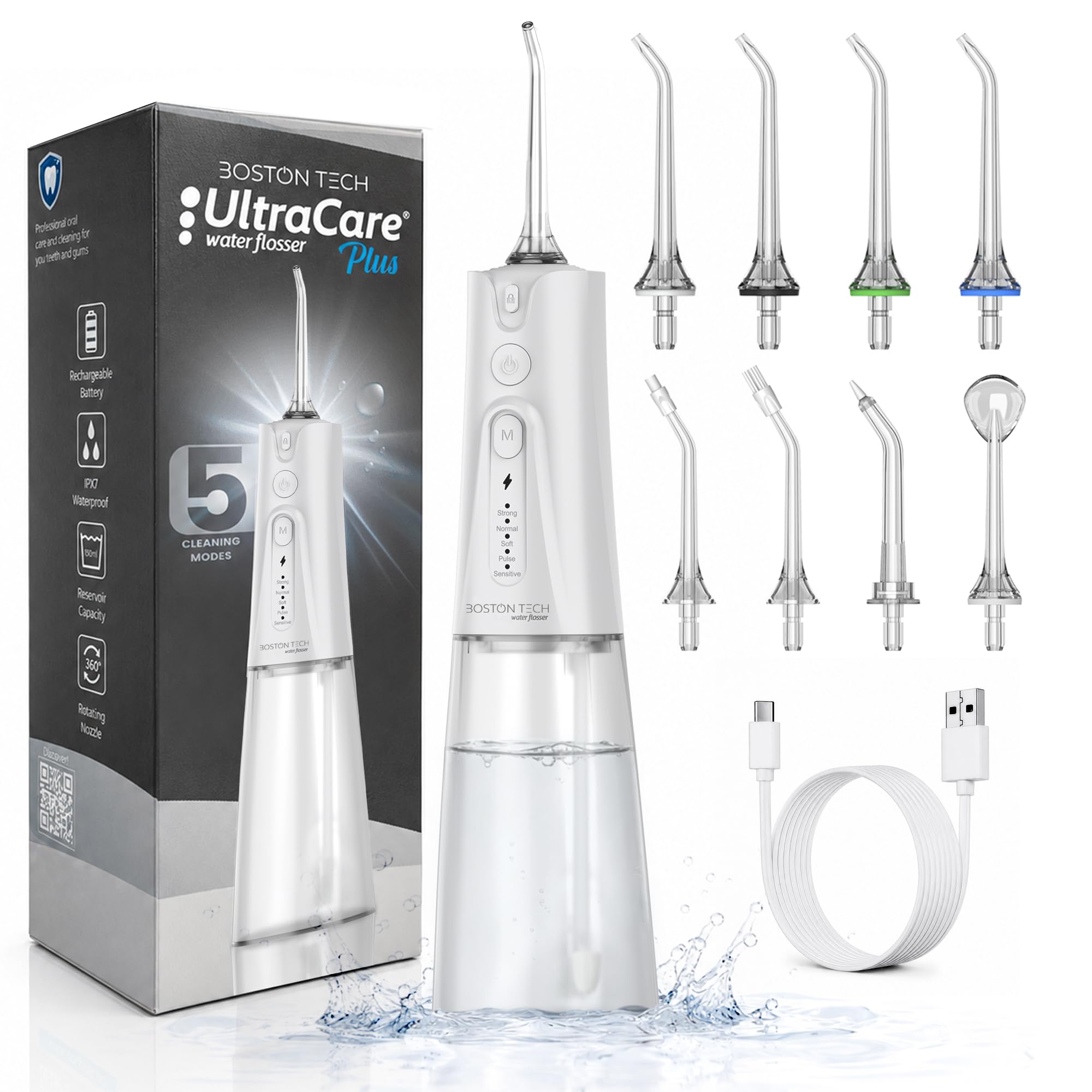 Ultracare Plus - Irrigatore orale professionale con 5 modalità, 8 ugelli, serbatoio acqua da 250 ml, ricaricabile tramite USB, borsa da viaggio inclusa (bianco)