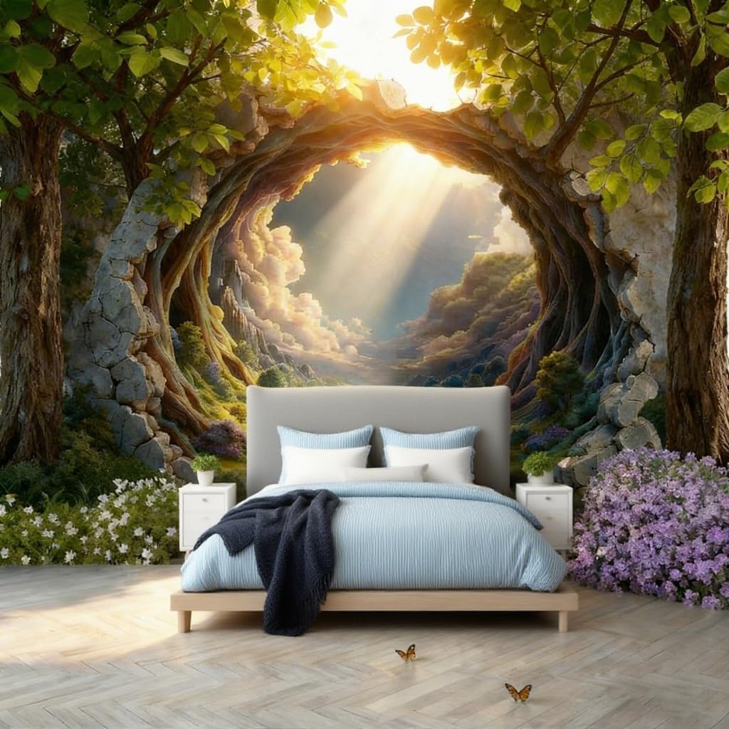 Fantasy Landscape Wall Mural, Nature Scene with Mountains and River, Custom 3D Wallpaper for Bedroom, Large Format Digital Print (137" L x 98" W)