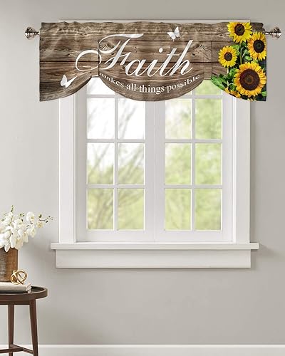 Miniatura 2 de Cenefa de amarre de girasol, Faith Makes All Things Possible - Citas inspiradoras de girasol, tratamientos de ventana de cocina de madera rústica,
