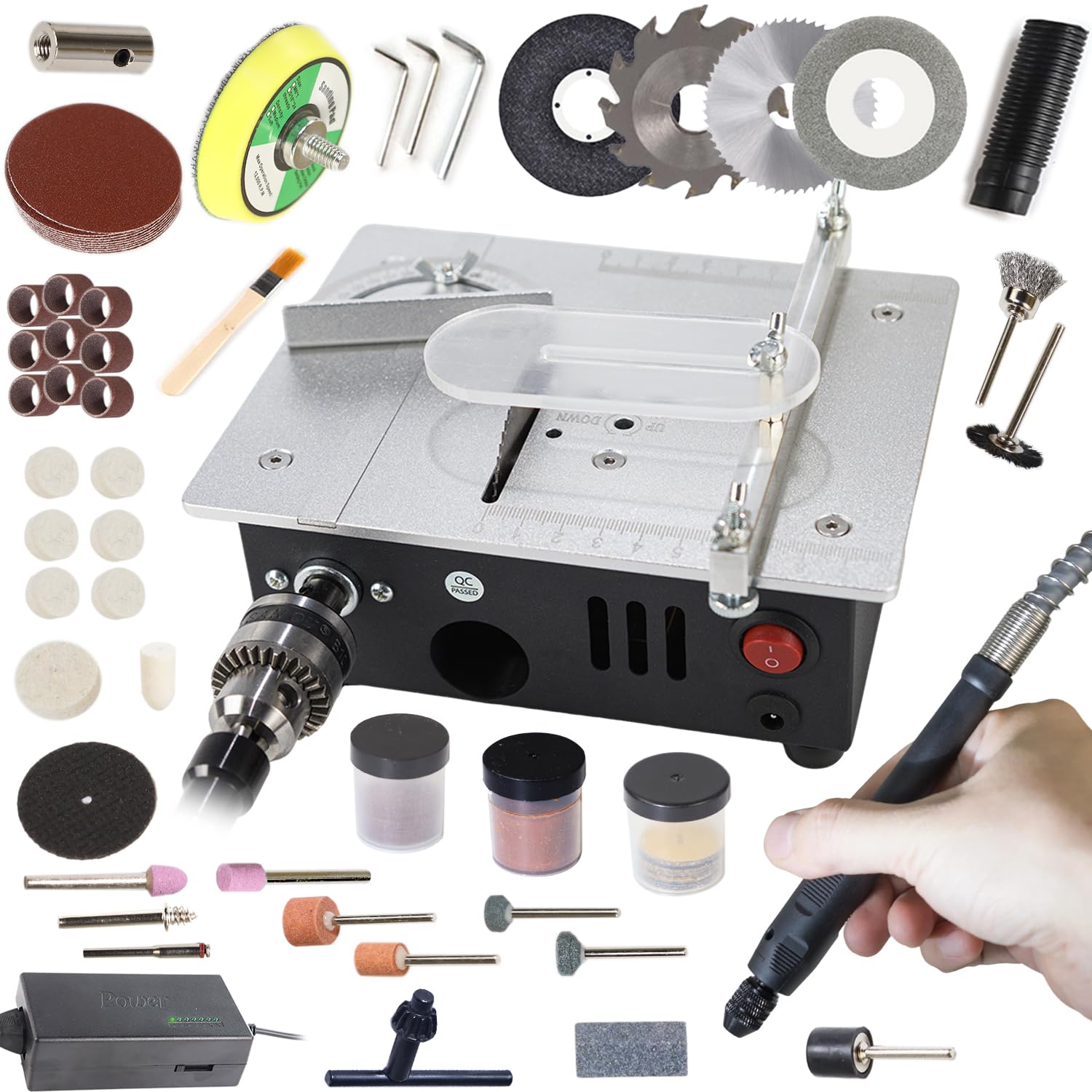 Mini Table Saw, RTOVZON Dual Motors 96W Mini Desktop Electric Saw Cutter 7.1"x5.5", Cutting+Sanding with Speed & Angle Adjust 4* Blades, Available for