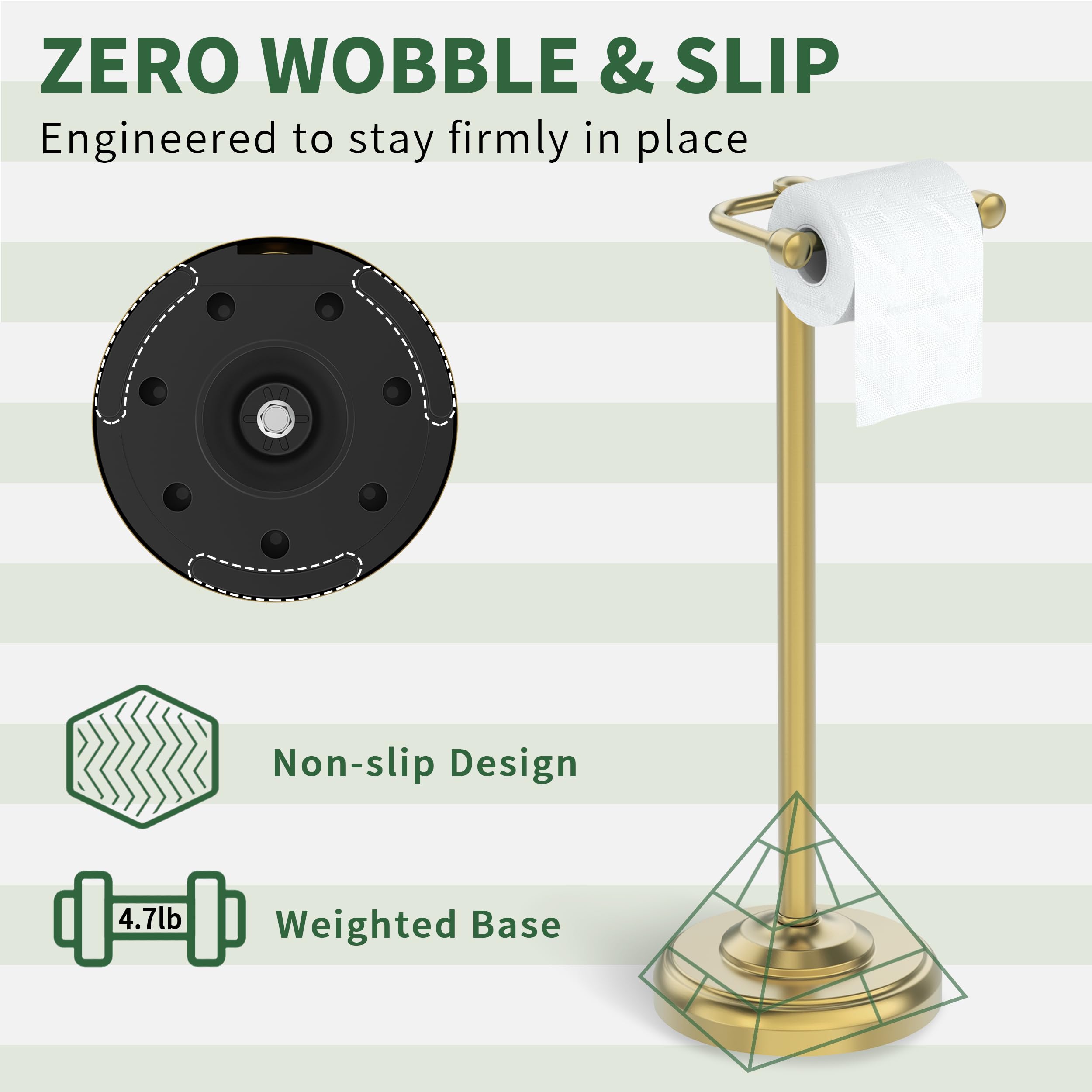 Toilet Paper Holder Stand,Free Standing Toilet Paper Holder,Modern Post Pivoting Toilet Paper Stand with Stable Weighted Base,SUS304 Stainless Steel Tissue Roll Holder Stand for Bathroom,Brushed Gold — Amazon image 7