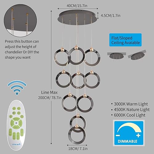 Miniatura 3 de Modern Chandelier Dimmable 10 Rings Electroplating Process with Remote Control, Height Adjustable Creative Acrylic Lampshade Elegant Artistic Home