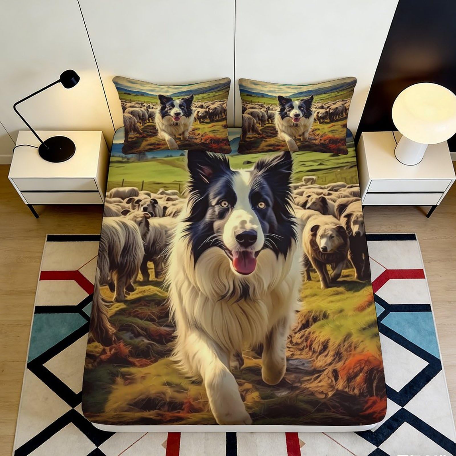 Pnayamiorkfel Style-6 3D Printed Border Collie Herding Sheep Fitted Sheet Microfiber Soft Bed Cover Bedroom Decor Dorm Protector 90X200x25cm