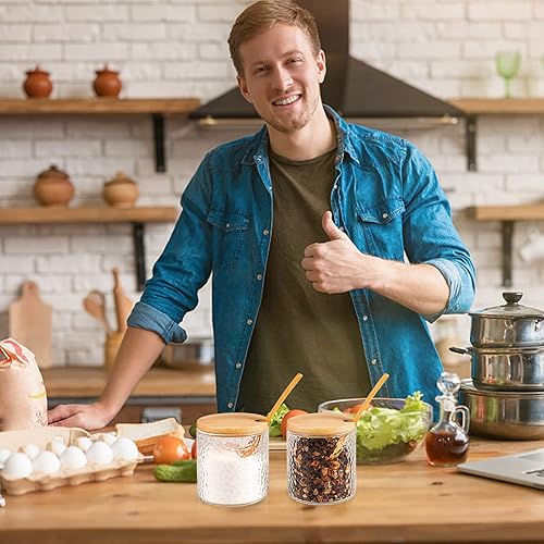 Miniatura 6 de DI QIU REN Paquete de 2 recipientes para condimentos, tarro de sal de especias de vidrio con tapa y cuchara para encimera, dispensador de sal