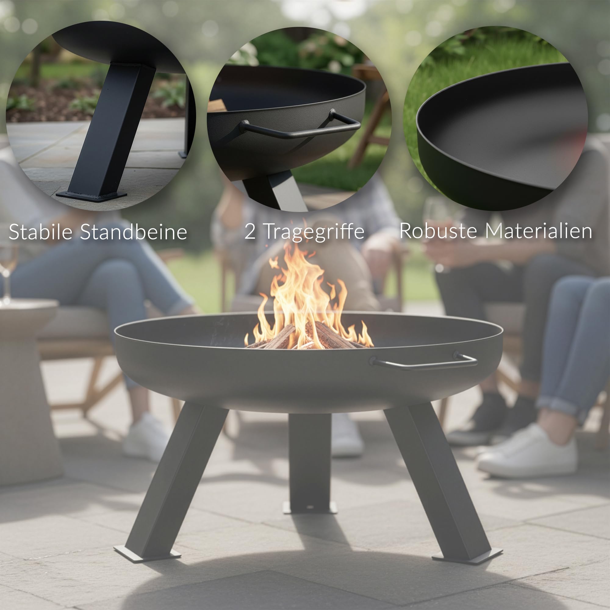 Lehmann Feuerschale Ø 60 cm - 3 stabile Füße, 2 Tragegriffen & Wasserablaufbohrung - Feuerkorb für Lagerfeuer aus robustem Stahl - Feuerschalen für den Garten, Terrasse und Camping - Schwarz